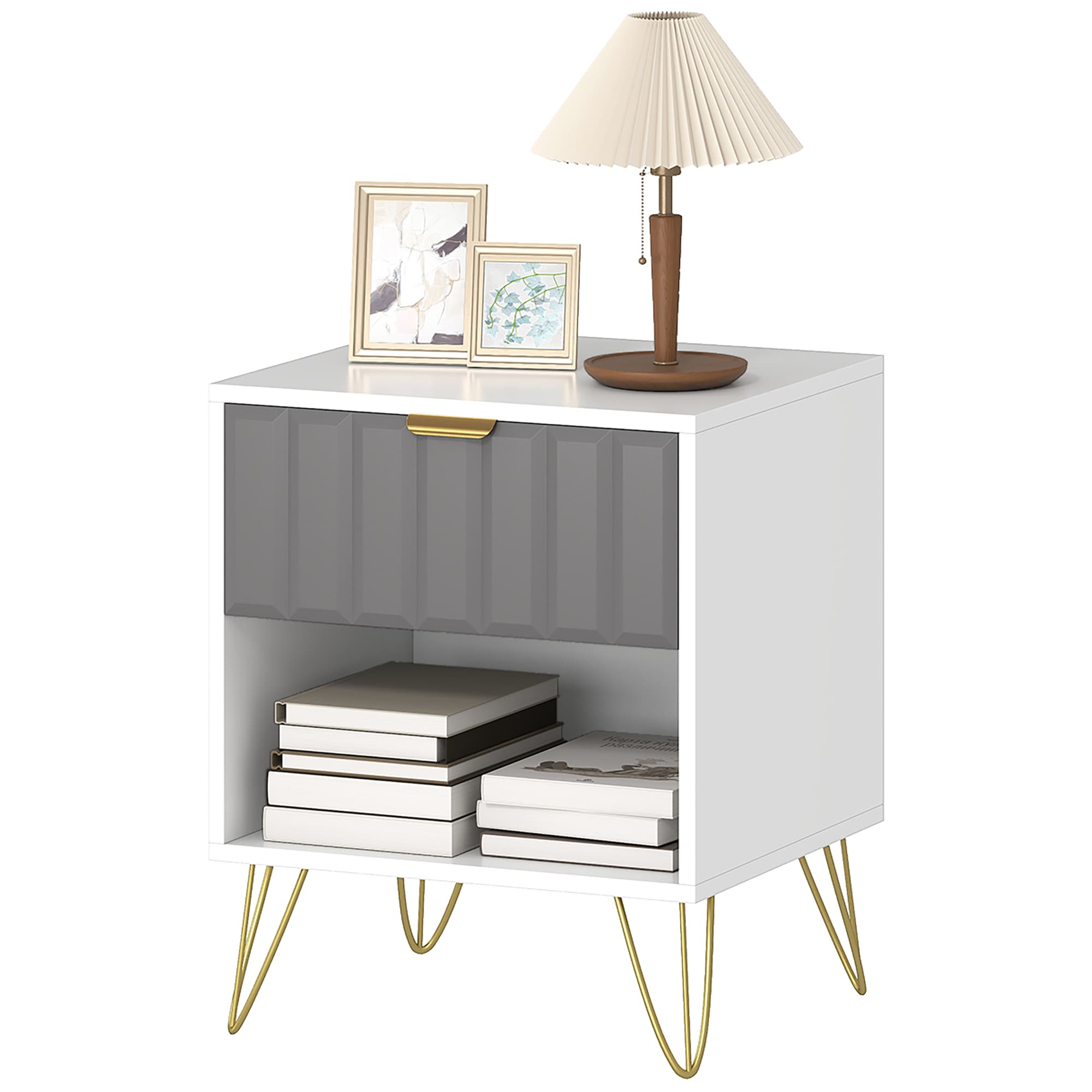 HOMCOM Table de chevet, table d'appoint compartiment ouvert, tiroir et poignée, pieds en acier, 45 x 40 x 55, blanc