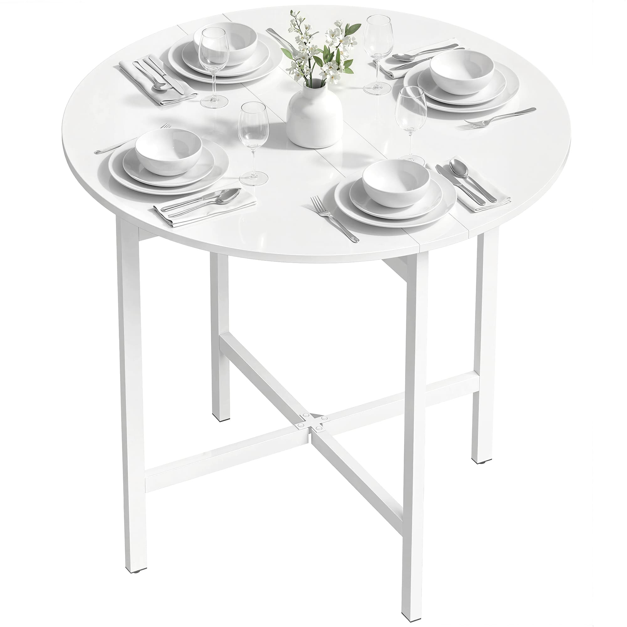 HOMCOM Table à manger pliante, table de cuisine ronde Ø 80 cm pour 4 personnes avec 2 abattants, pieds en acier, blanc