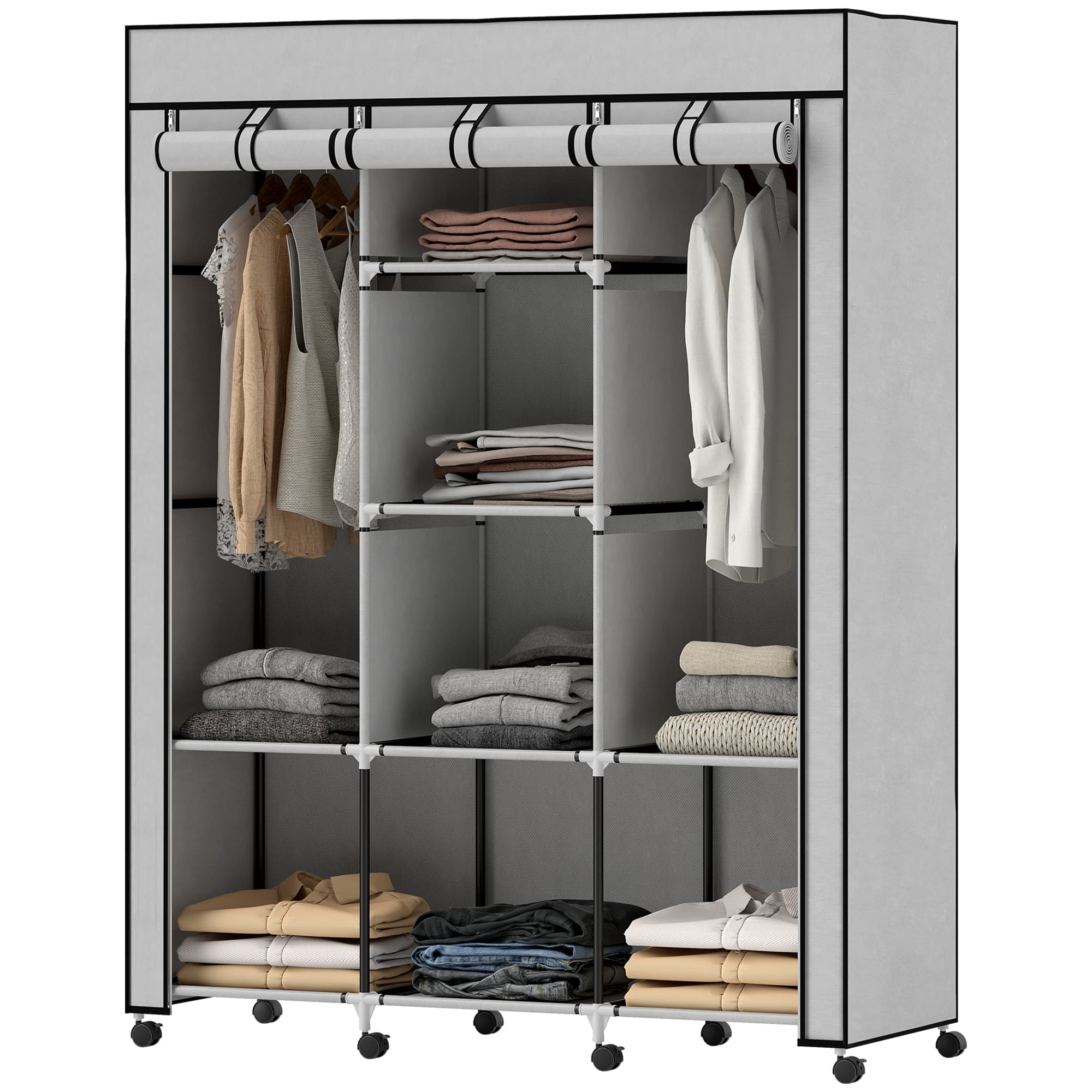 HOMCOM Armoire penderie multi-rangement - 8 étagères, 2 barres - non tissé gris