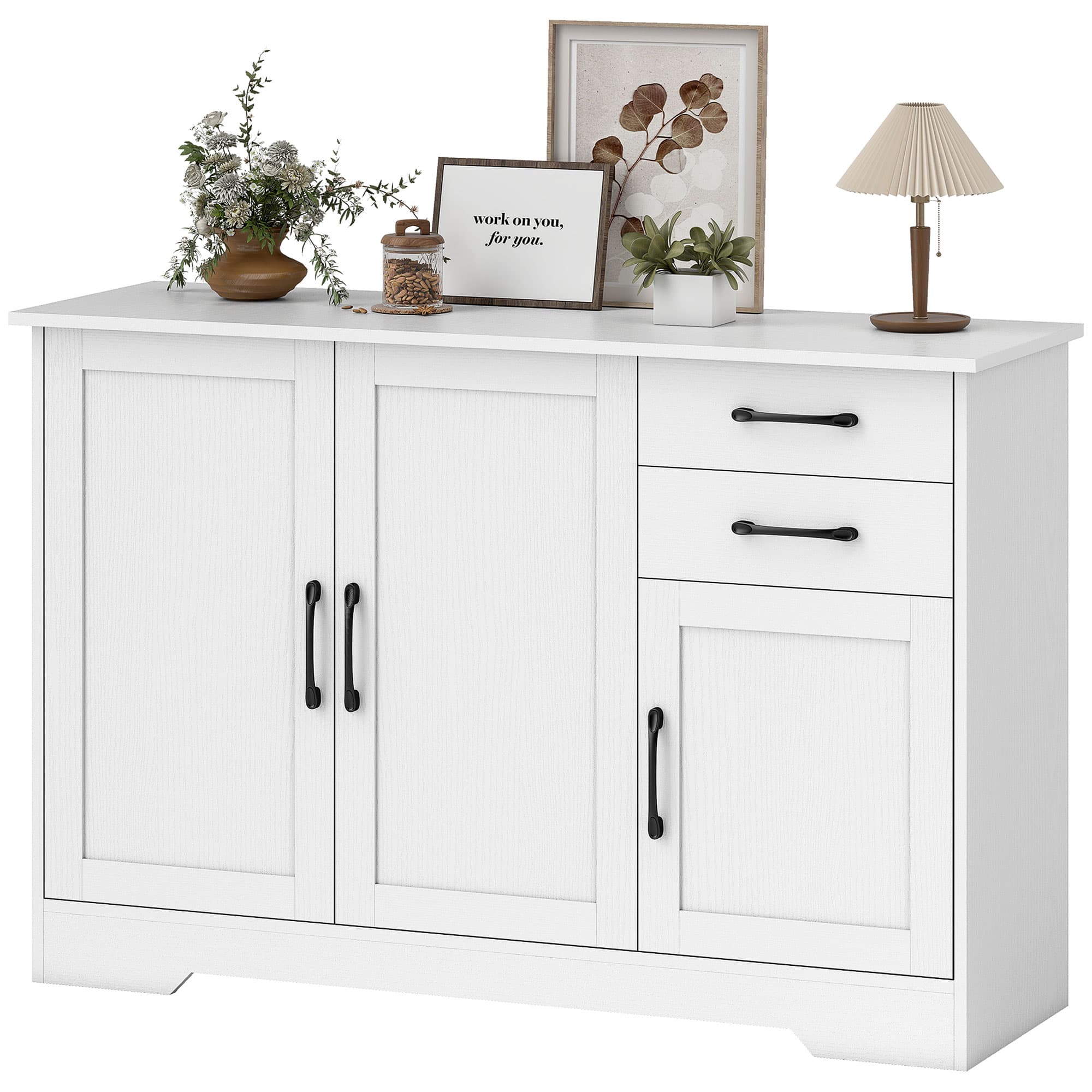 HOMCOM Buffet, meuble de rangement avec 3 portes, 2 tiroirs et étagère réglable, 120 x 38 x 79 cm, blanc