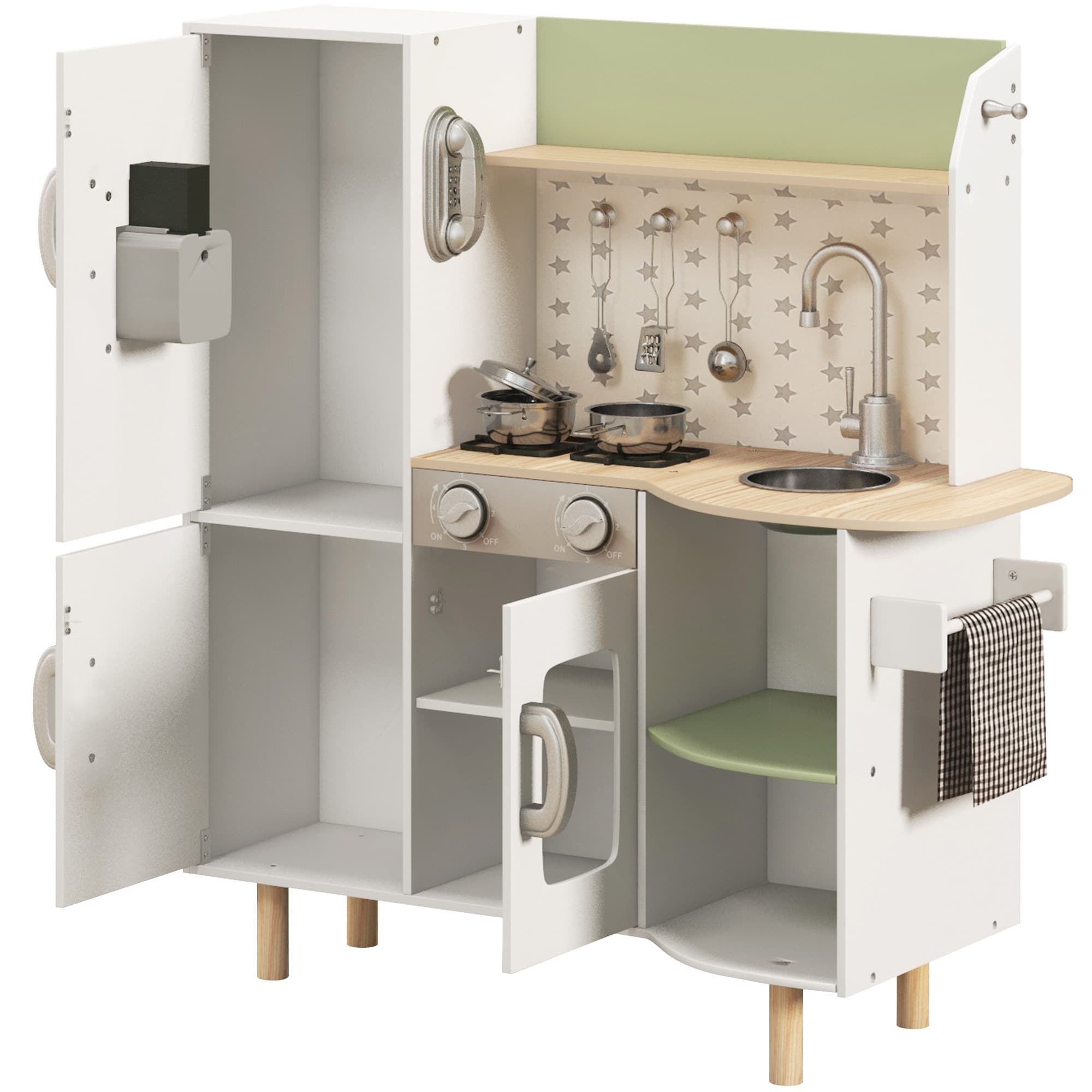 AIYAPLAY Cuisine enfant 3-8 ans jeu d'imitation avec machine à glaçons, évier mobile en acier inoxydable 84 x 34 x 89 cm blanc