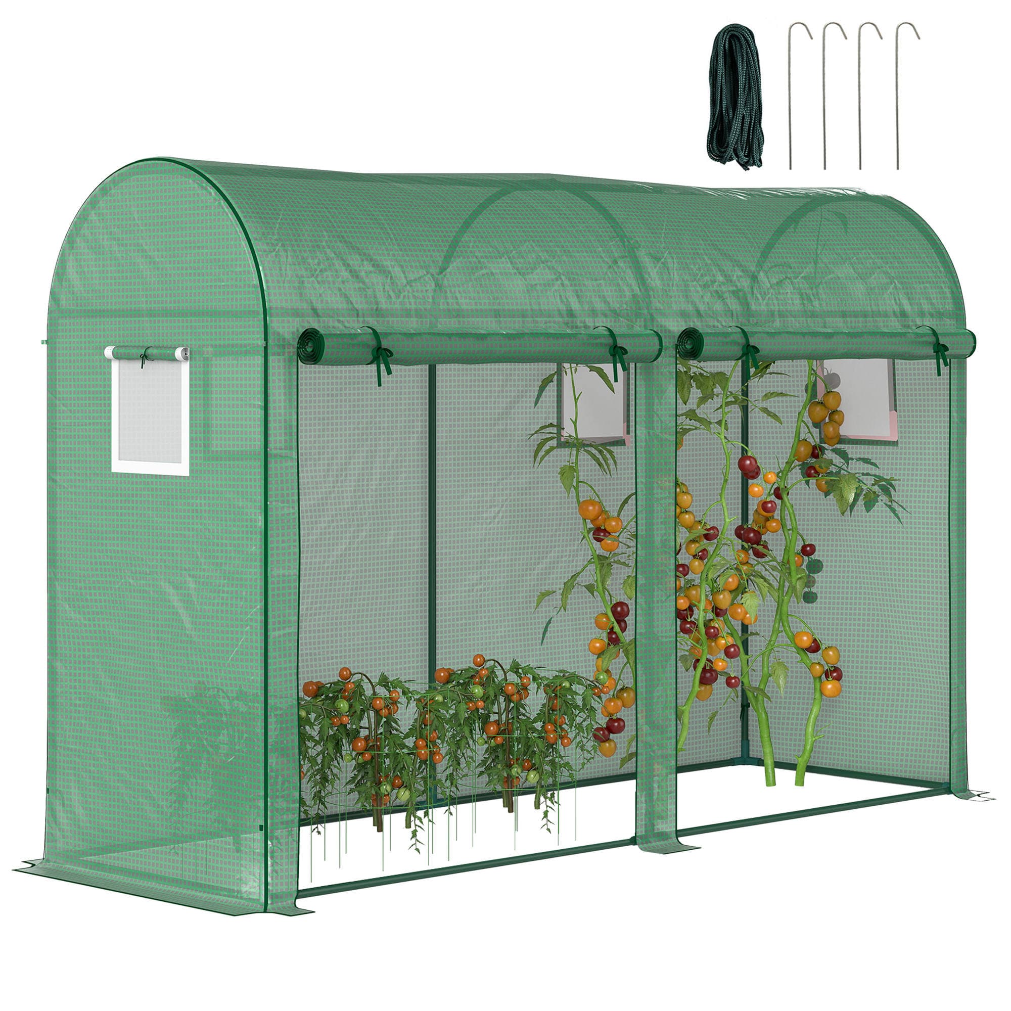 Outsunny Serre de jardin 3 m2 en PE, serre d'extérieur avec bâche renforcée 140 g/m2 Anti-UV, châssis en acier, 2 portes zippées déroulantes et 4 fenêtres enroulables, 3 x 1 x 2 m, vert