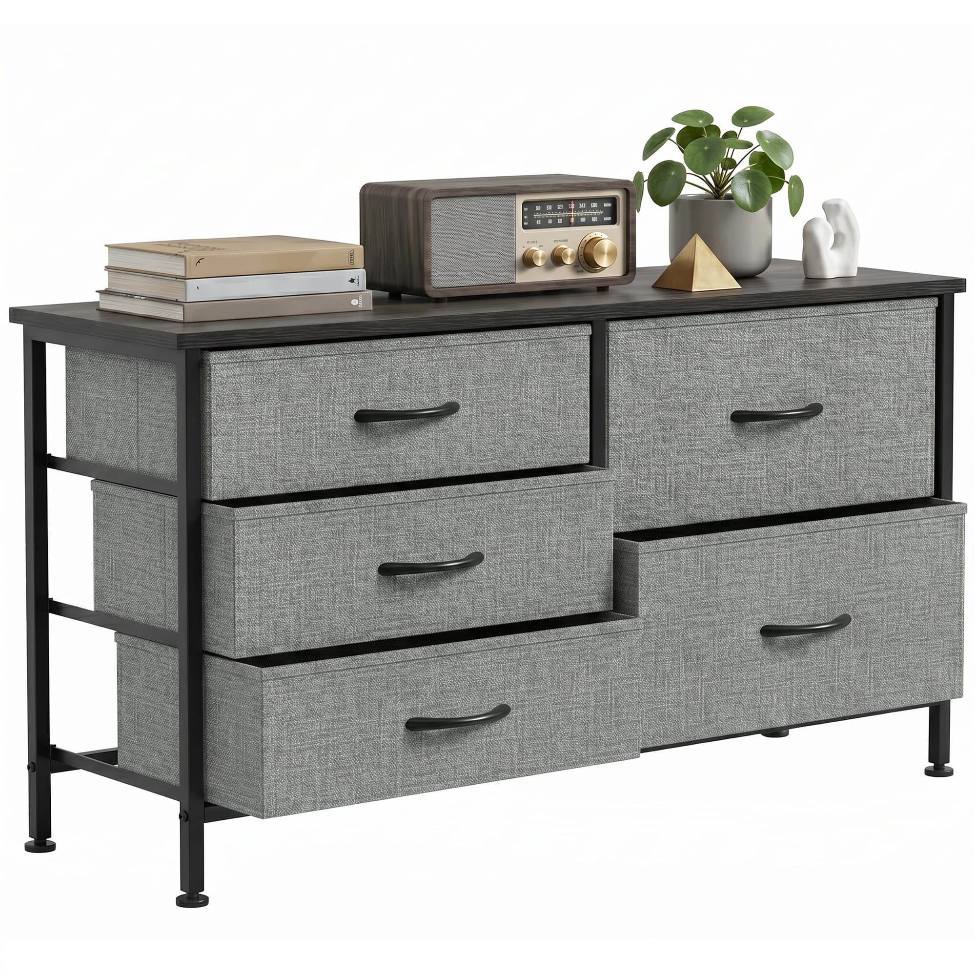 HOMCOM Commode 5 tiroirs en tissu, pour chambre, cadre en acier, meuble pour salon et bureau, Gris foncé et Noir