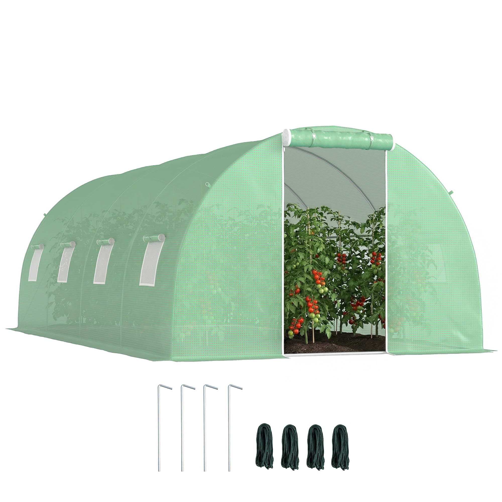 Outsunny Serre de Jardin Serre Tunnel 18 m2 dim. 6L x 3l x 2H m - 8 fenêtres, Porte zippée Enroulable Vert