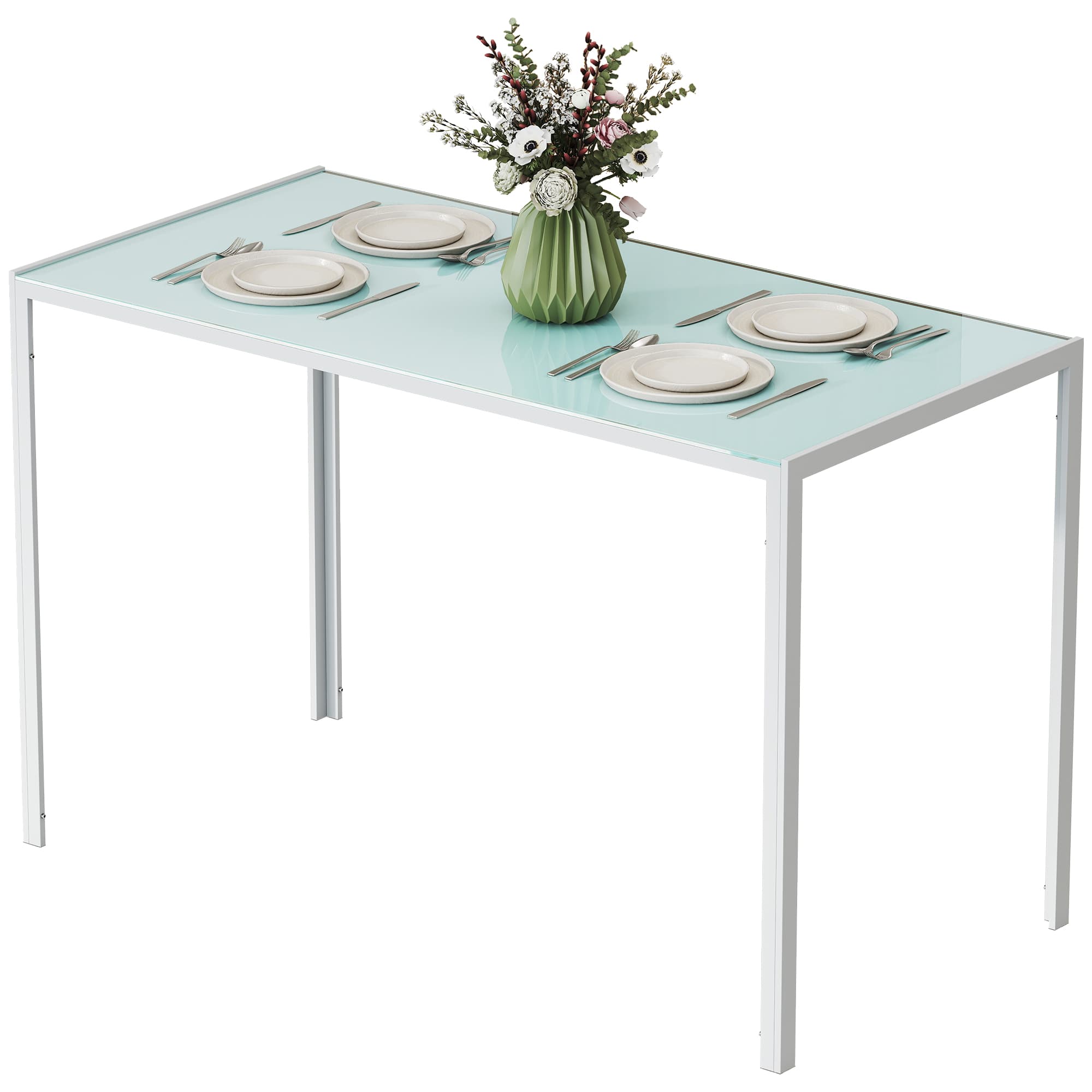 HOMCOM Table à manger pour 4 personnes, table de cuisine avec plateau en verre trempé et pieds en métal, 120x60x75cm, blanc
