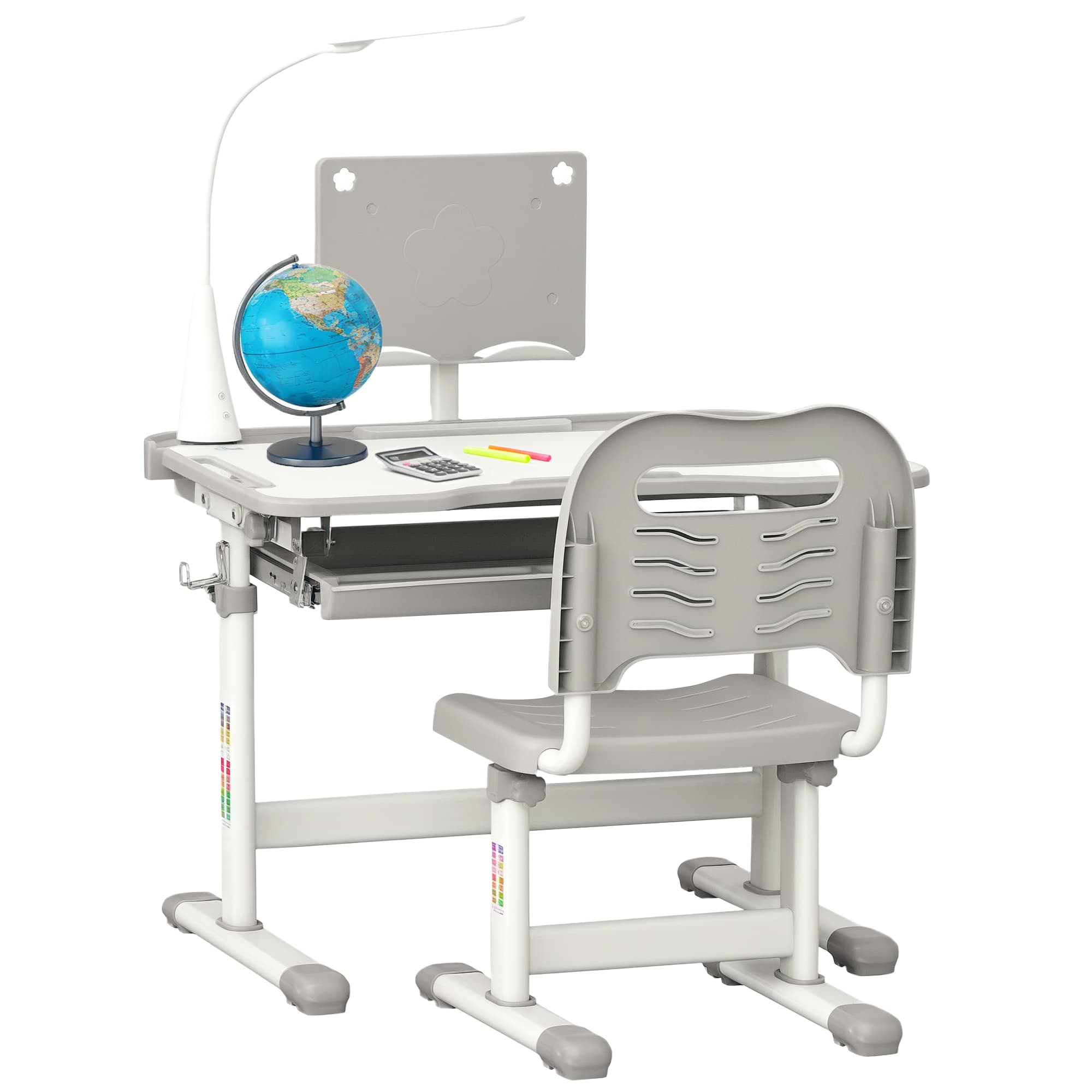 HOMCOM Ensemble table et chaise d'étude pour enfants bureau d'étude ergonomique avec porte-gobelet étui à crayons et lampe de table hauteur réglable
