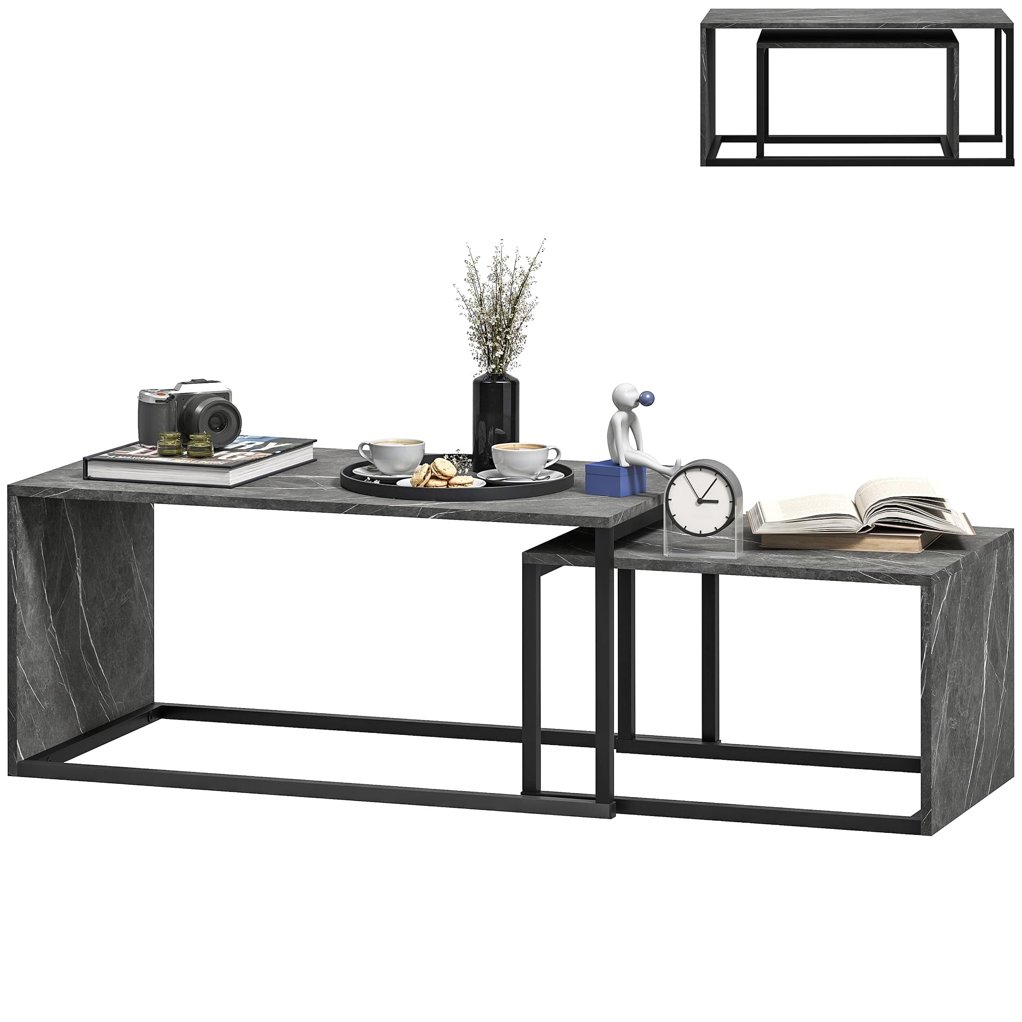 HOMCOM Lot de 2 tables basses gigognes design industriel encastrable en métal noir et effet marbre gris foncé