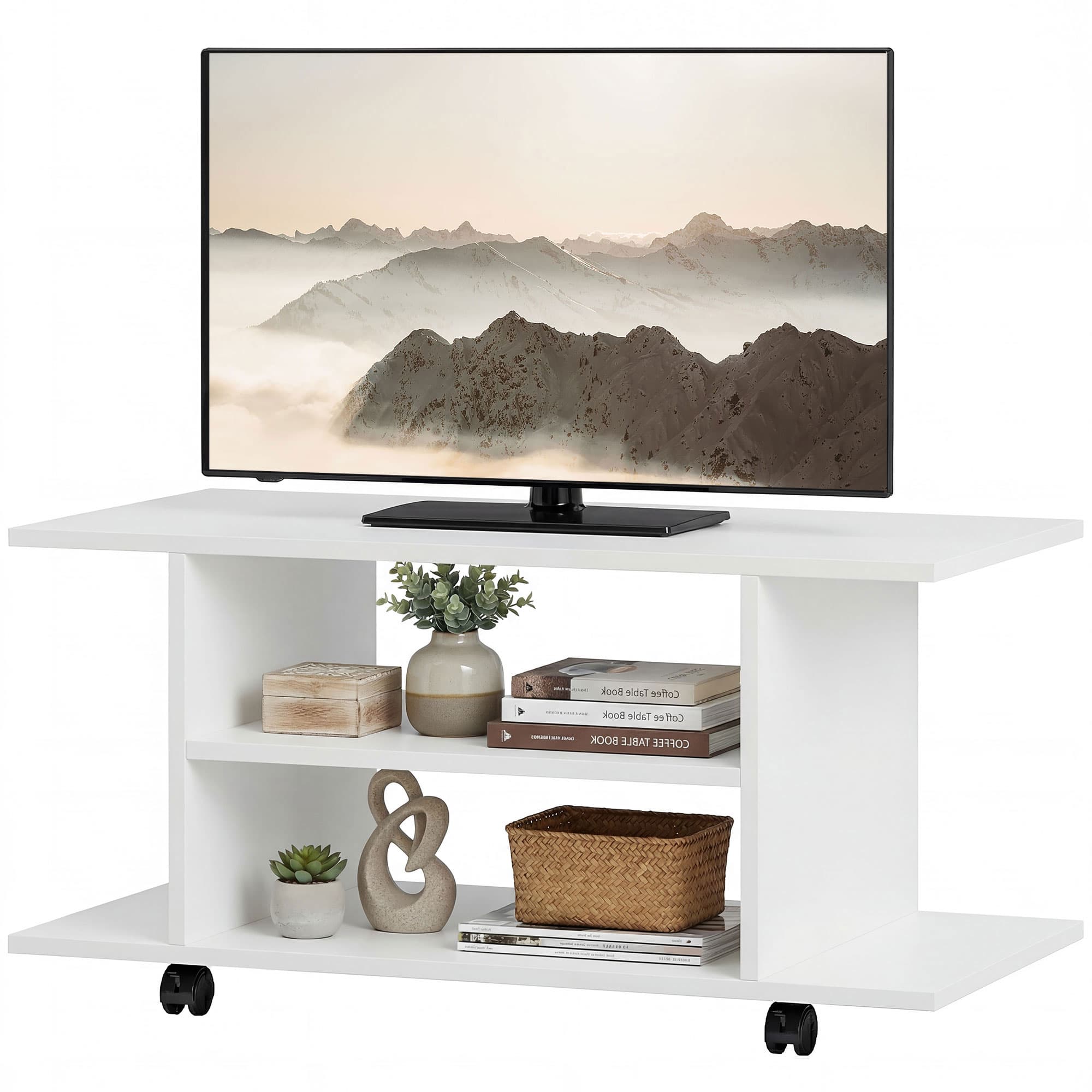 HOMCOM Meuble TV moderne avec étagères, roulettes pivotantes et freins, 80x40x40 cm, Blanc