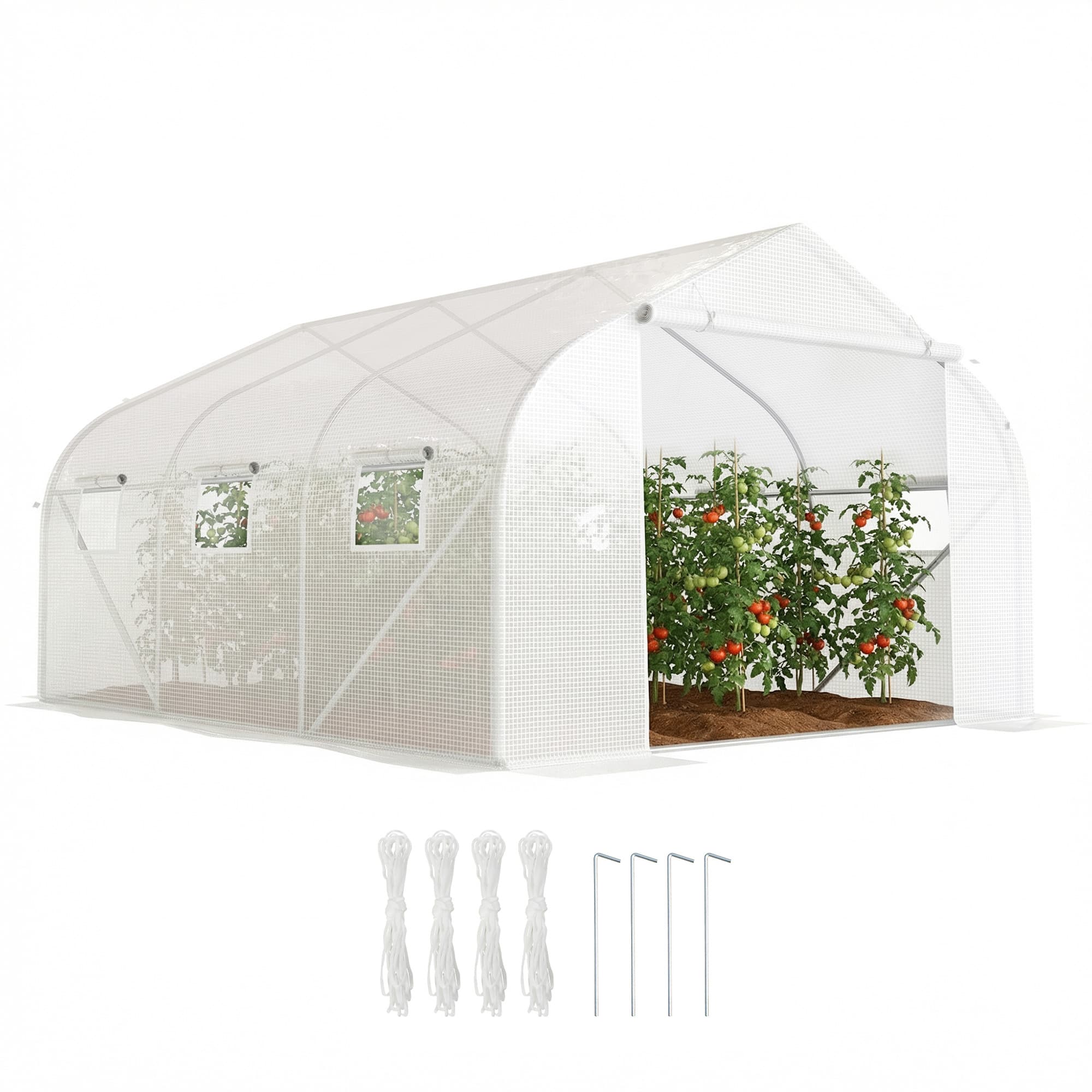 Outsunny Serre de Jardin Tunnel 10,5 m2 Châssis Tubulaire Renforcé + PE Haute Densité 140 g/m2 Porte Zippée 6 Fenêtres Enroulables Blanc