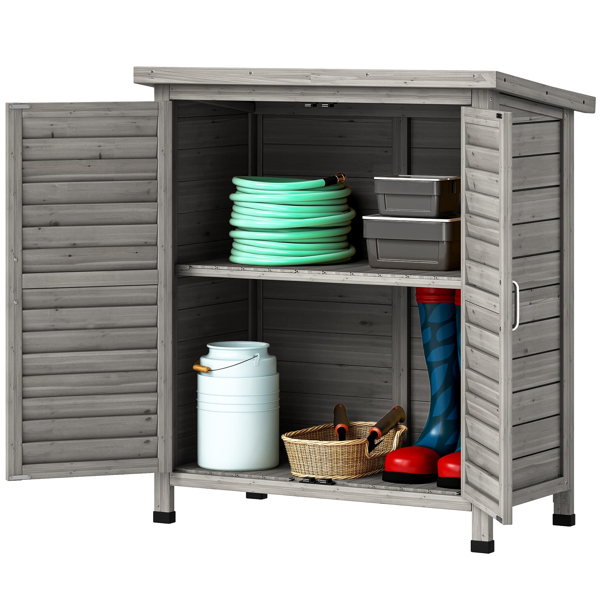Outsunny Petit Chalet & Abri Jardin en Bois Sapin, Étagère, Portes Persiennes, Toit Bitumé - Remise pour Outils 87x46.5x96.5 cm, Gris Aosom France