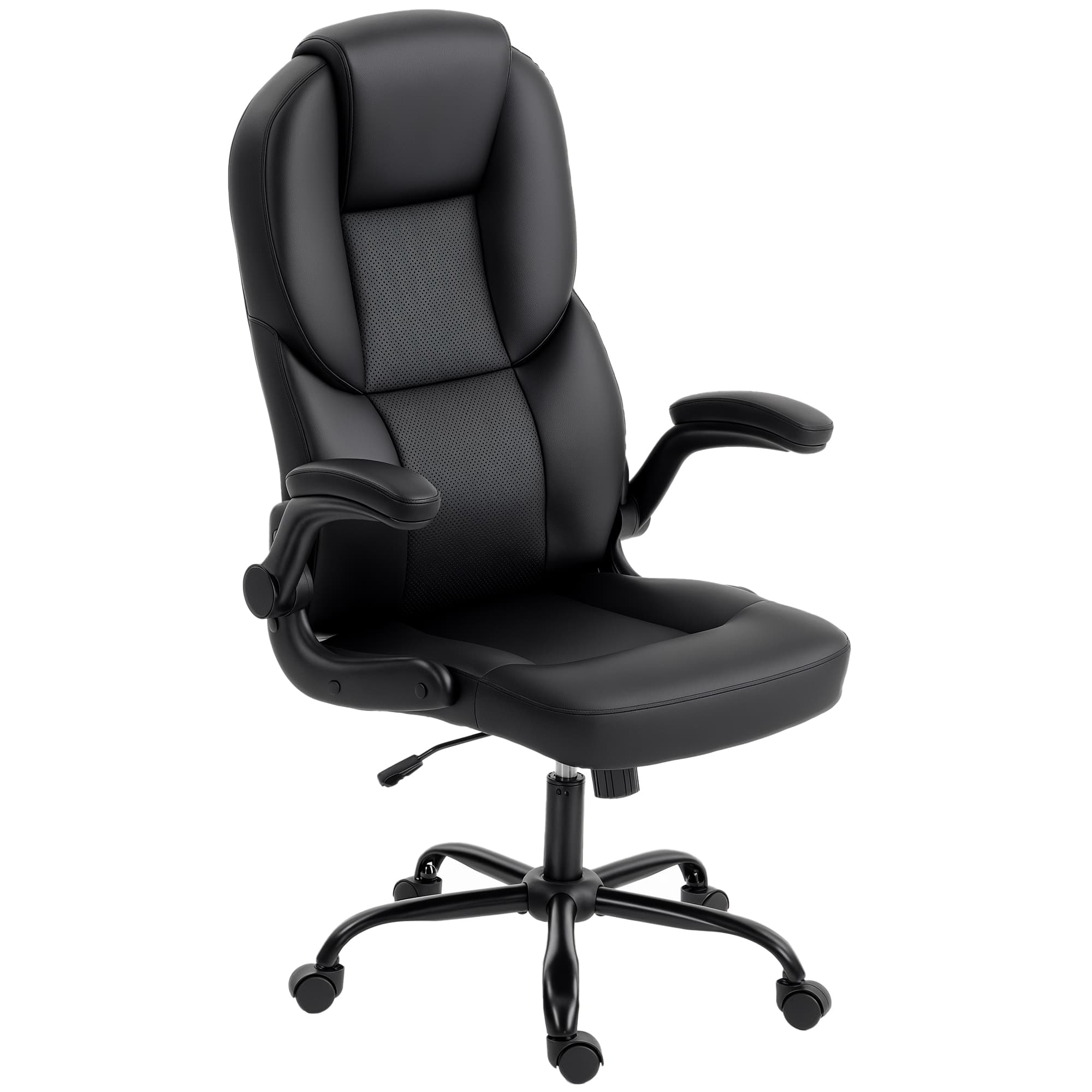 HOMCOM Chaise de Bureau Pivotante, Fonction Bascule, Accoudoirs Relevables, Dossier Haut, Hauteur Réglable, Noir