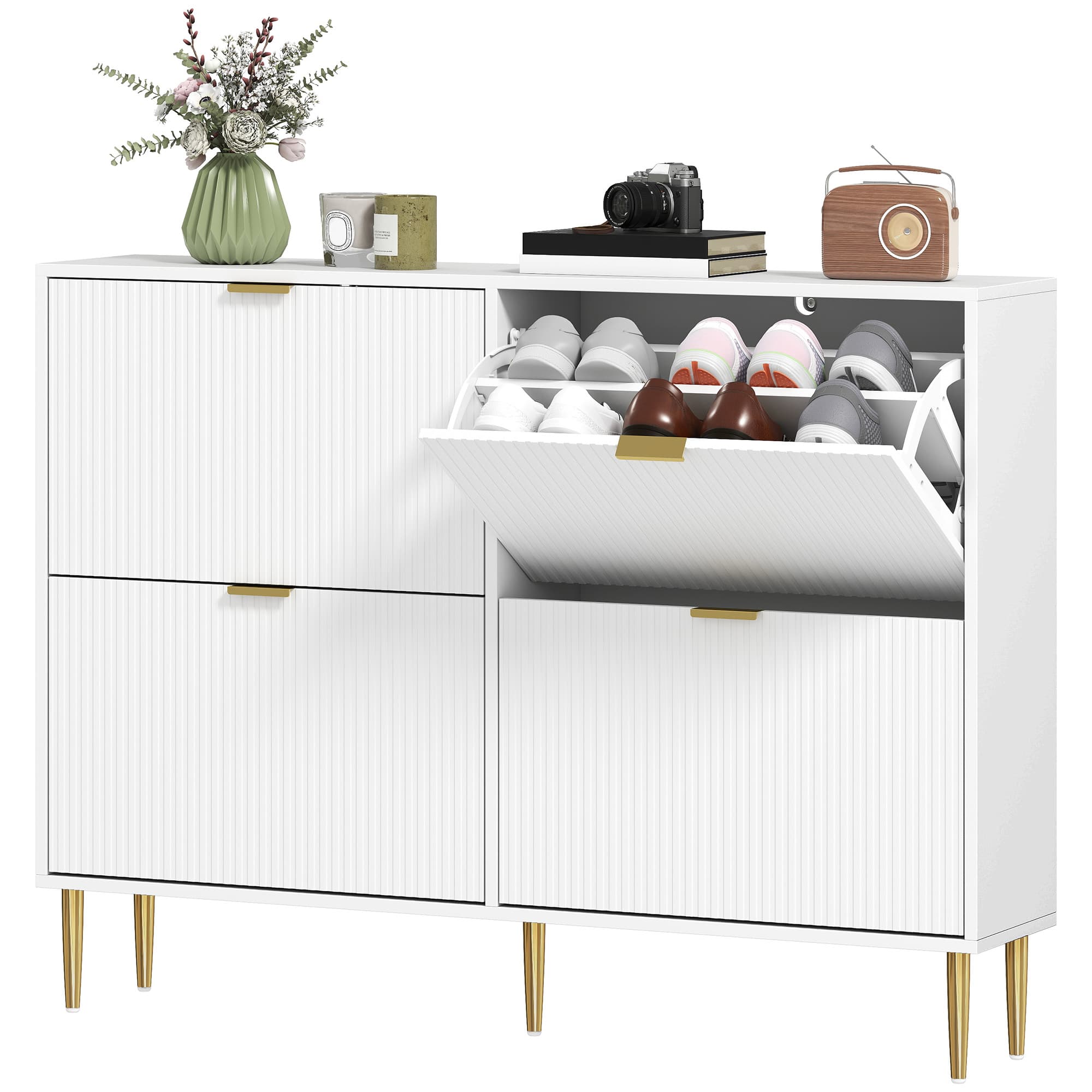 HOMCOM Meuble à chaussures 20 paires avec 4 tiroirs rabattables, portes cannelées et étagères réglables, 105x24x91,5cm, blanc