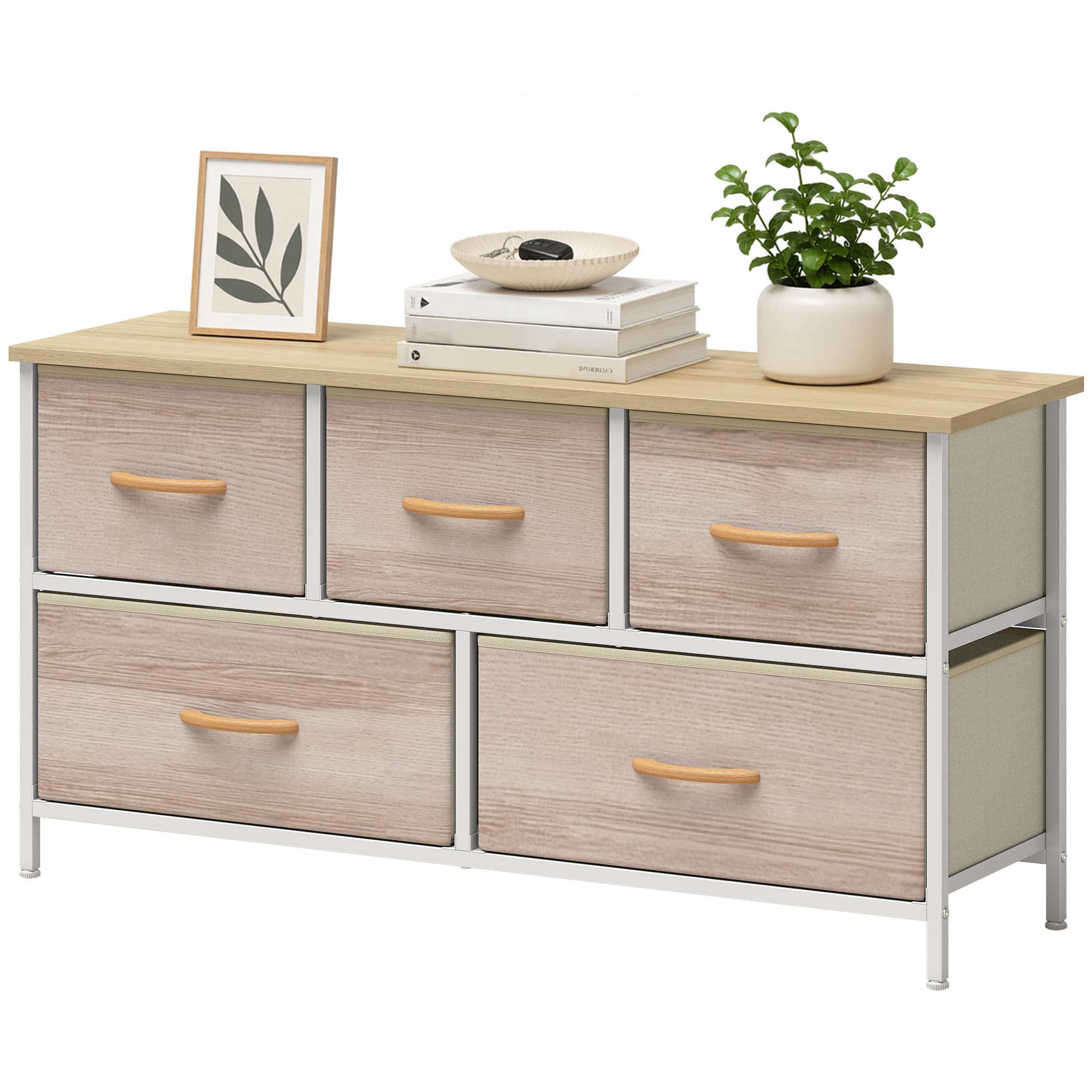 HOMCOM Commode 5 tiroirs en tissu Commode pour chambre Cadre en métal Meuble pour salon bureau Naturel et Blanc