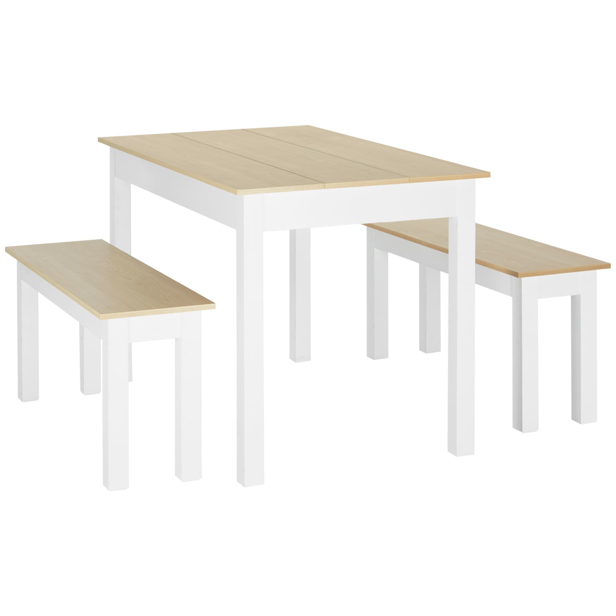HOMCOM Ensemble table à manger 3 pièces avec 2 bancs encastrables pour 4-6 personnes style contemporain en bois chêne et blanc Aosom France
