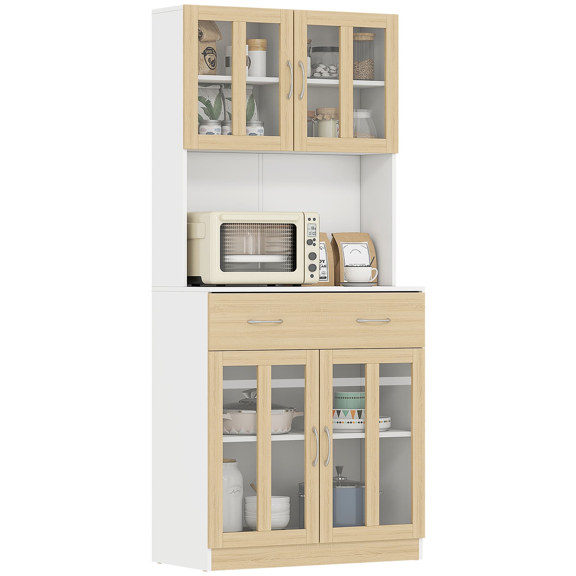 HOMCOM Buffet Armoire de Cuisine Multi-Rangement 4 Portes vitrine Verre avec étagère tiroir Coulissant Grand Plateau en Bois chêne Clair