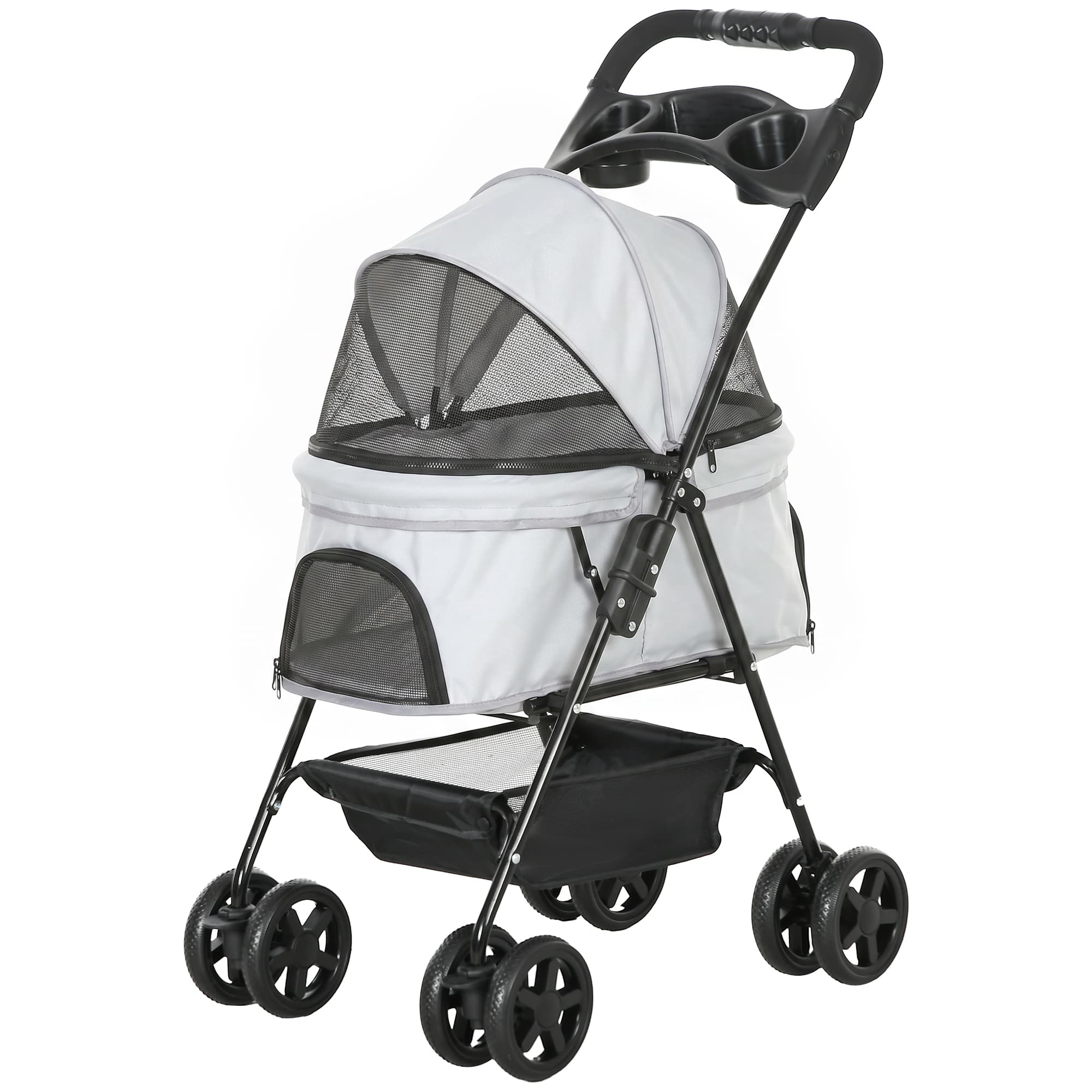 PawHut Poussette pour Petits Chiens avec 4 Roues Frein Panier Capote Sangles de Sécurité et Fenêtres 67x45x96 cm Gris clair