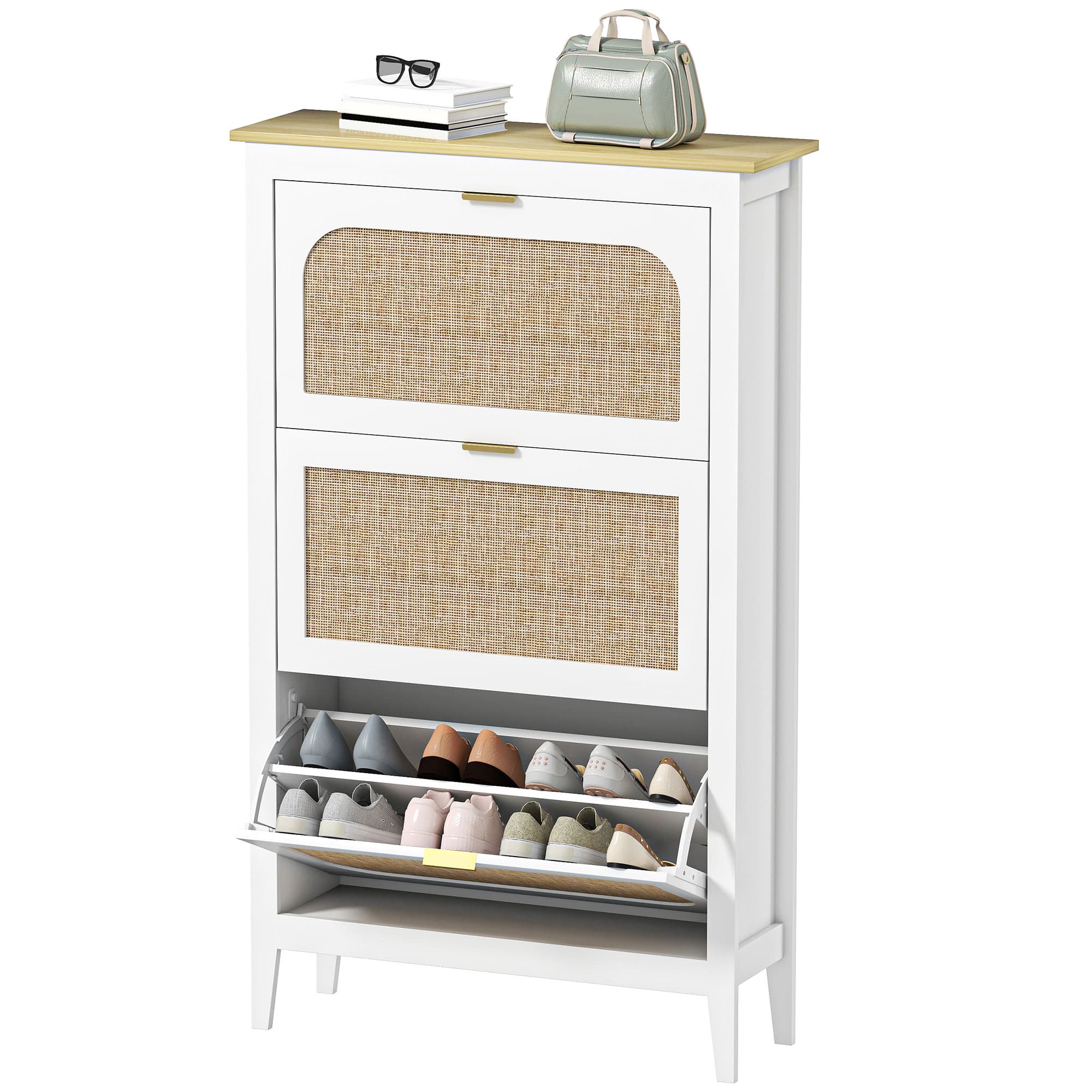 HOMCOM Meuble à chaussures 21 paires bohème avec 3 tiroirs rabattables, portes effet cannage rotin, 80 x 24 x 131 cm, blanc