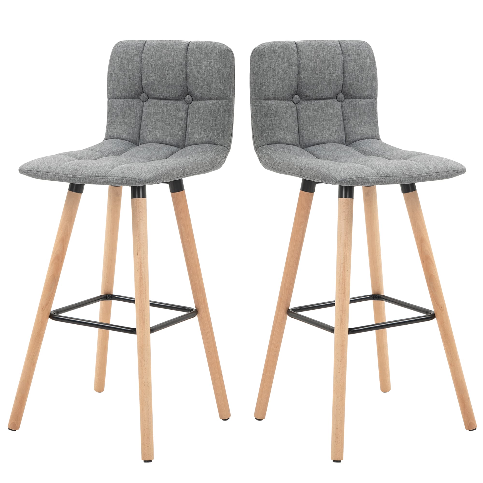 HOMCOM Lot de 2 tabourets de bar, chaises de bar capitonnées avec dossier et repose-pieds, pieds en bois, 41,5x47x97,5cm, gris