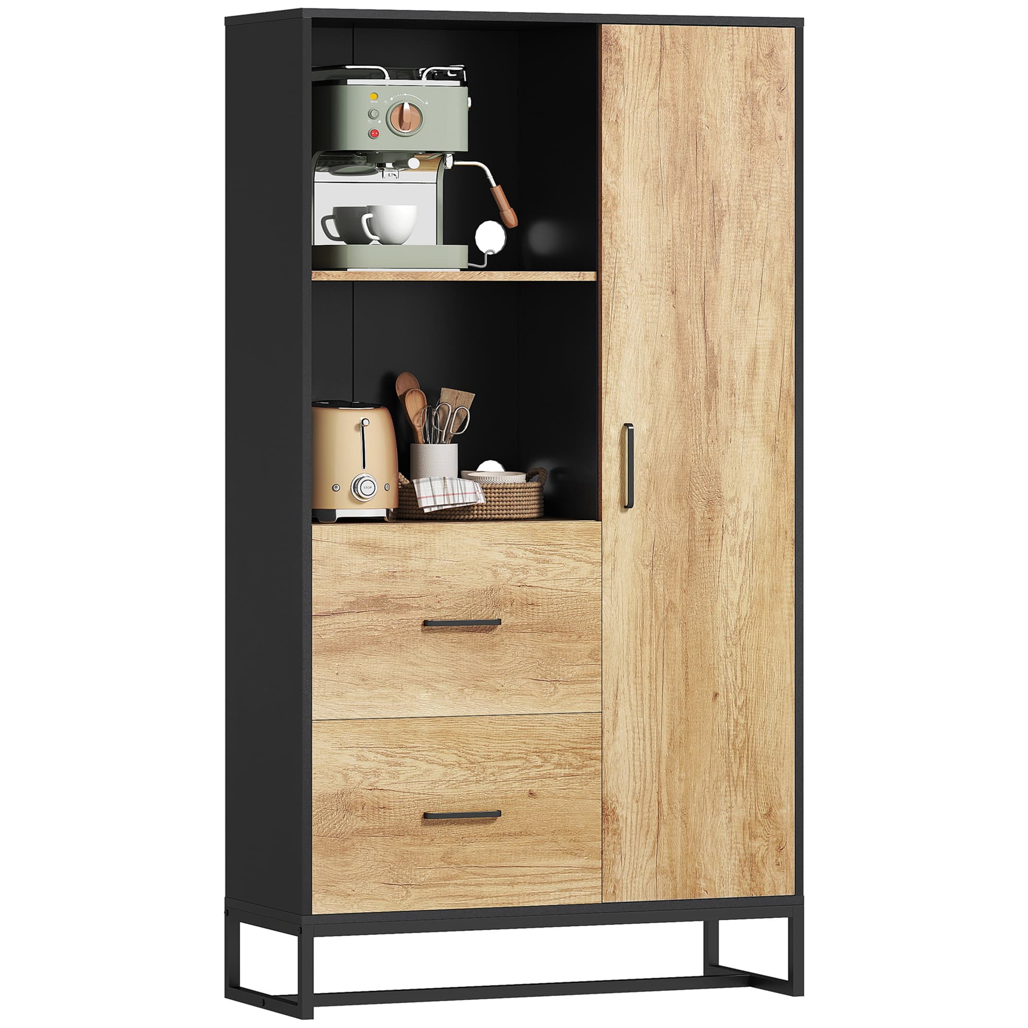 HOMCOM Armoire de cuisine meuble de rangement, 2 tiroirs 1 placard 2 niches et étagères réglables, 88x35x160cm, noir et naturel