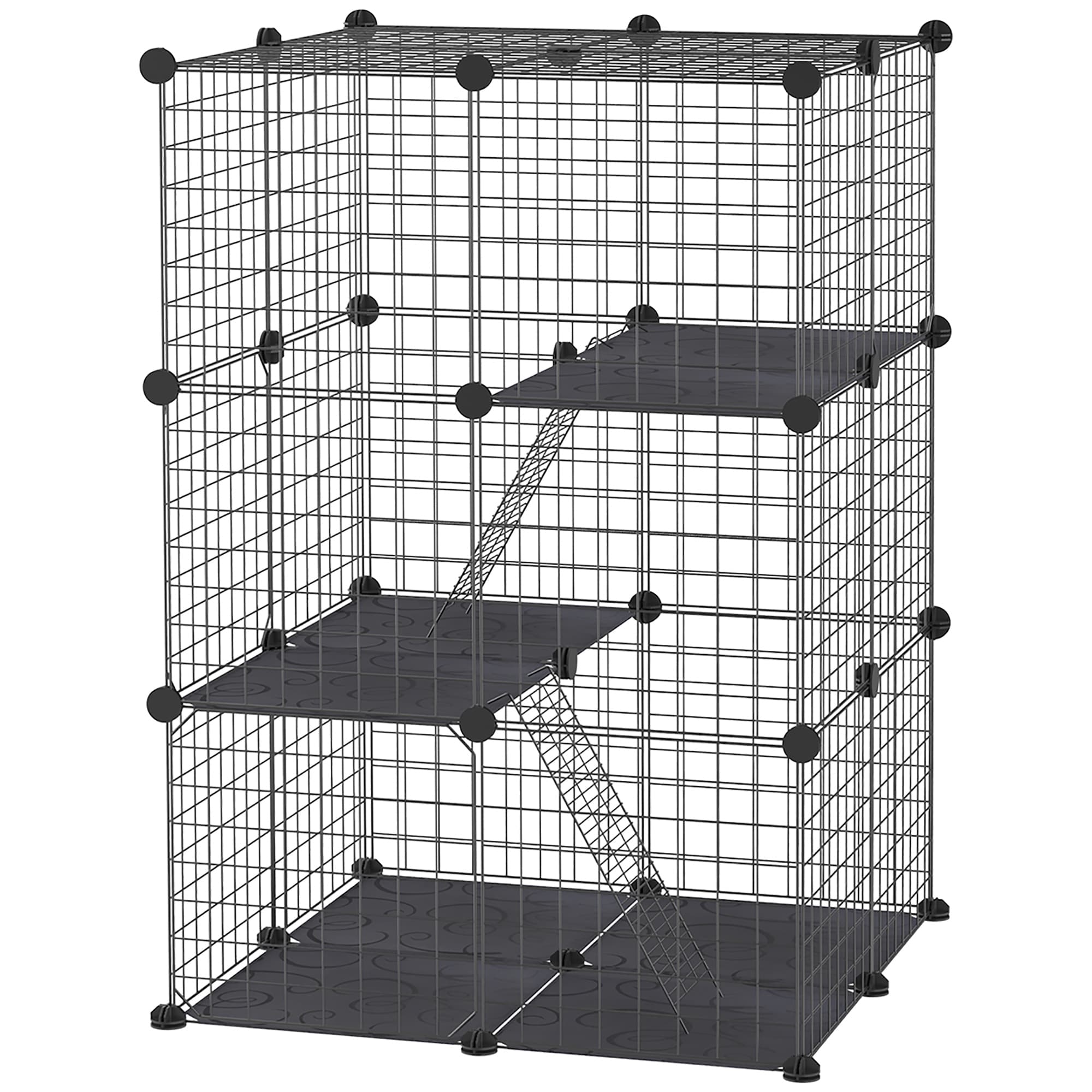 PawHut Enclos pour petits animaux, cage à lapin modulable 3 niveaux, 39 panneaux avec rampes, en métal, 70 x 70 x 105 cm, noir
