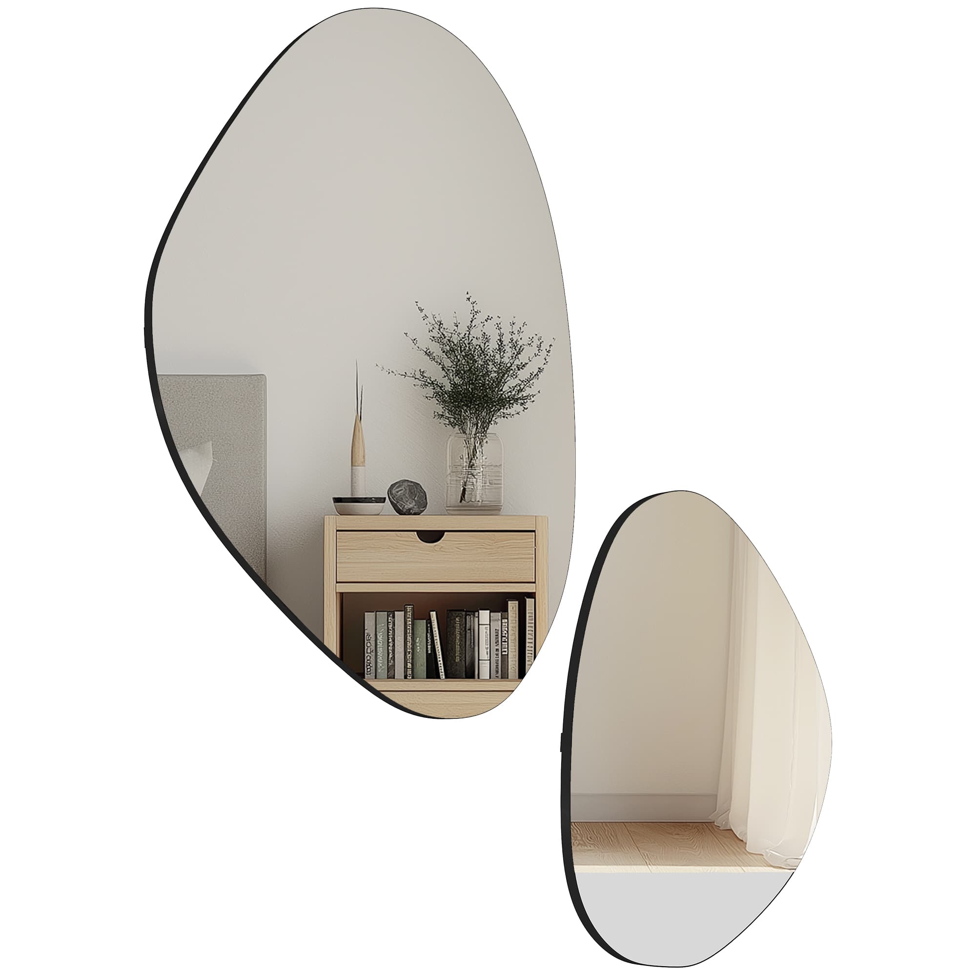 HOMCOM Lot de 2 miroirs muraux, miroirs décoratifs irréguliers en forme de galet, cadre en métal, 70 x 46 cm/49,5 x 31 cm, noir