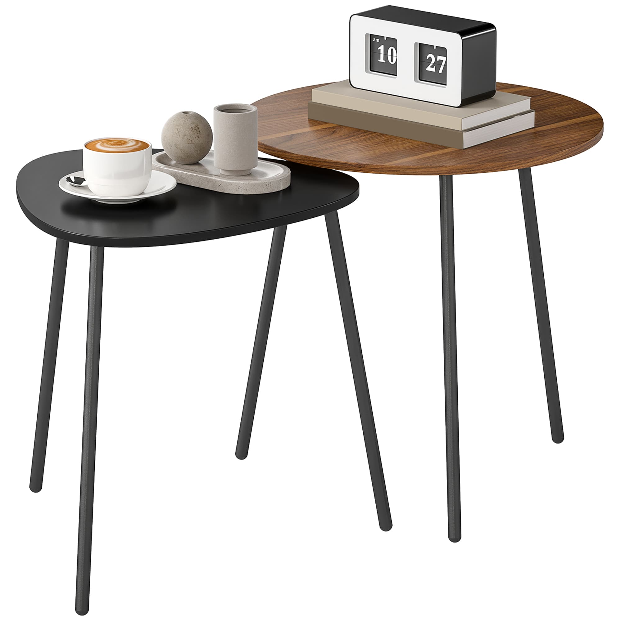 HOMCOM Lot de 2 tables basses gigognes, tables d'appoint contemporain cadre en métal, ronde et triangulaire, noyer et noir