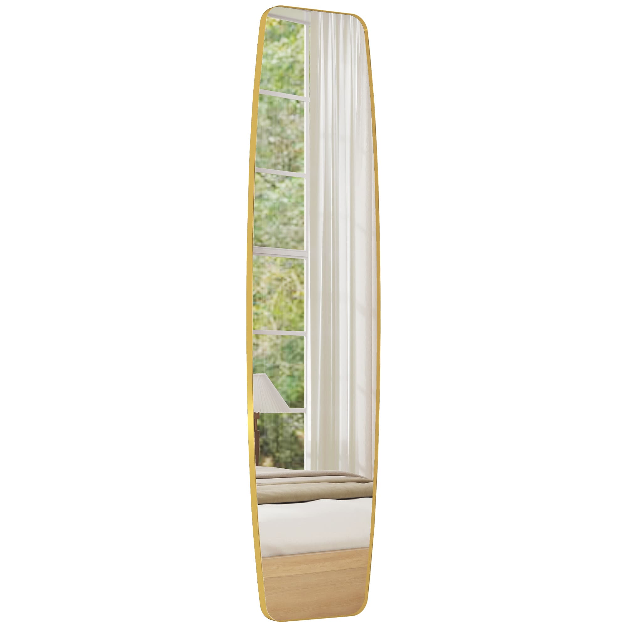 HOMCOM Grand miroir mural ovale 160 x 40 cm, miroir suspendu moderne, cadre en métal et bois, prêt à accrocher, doré