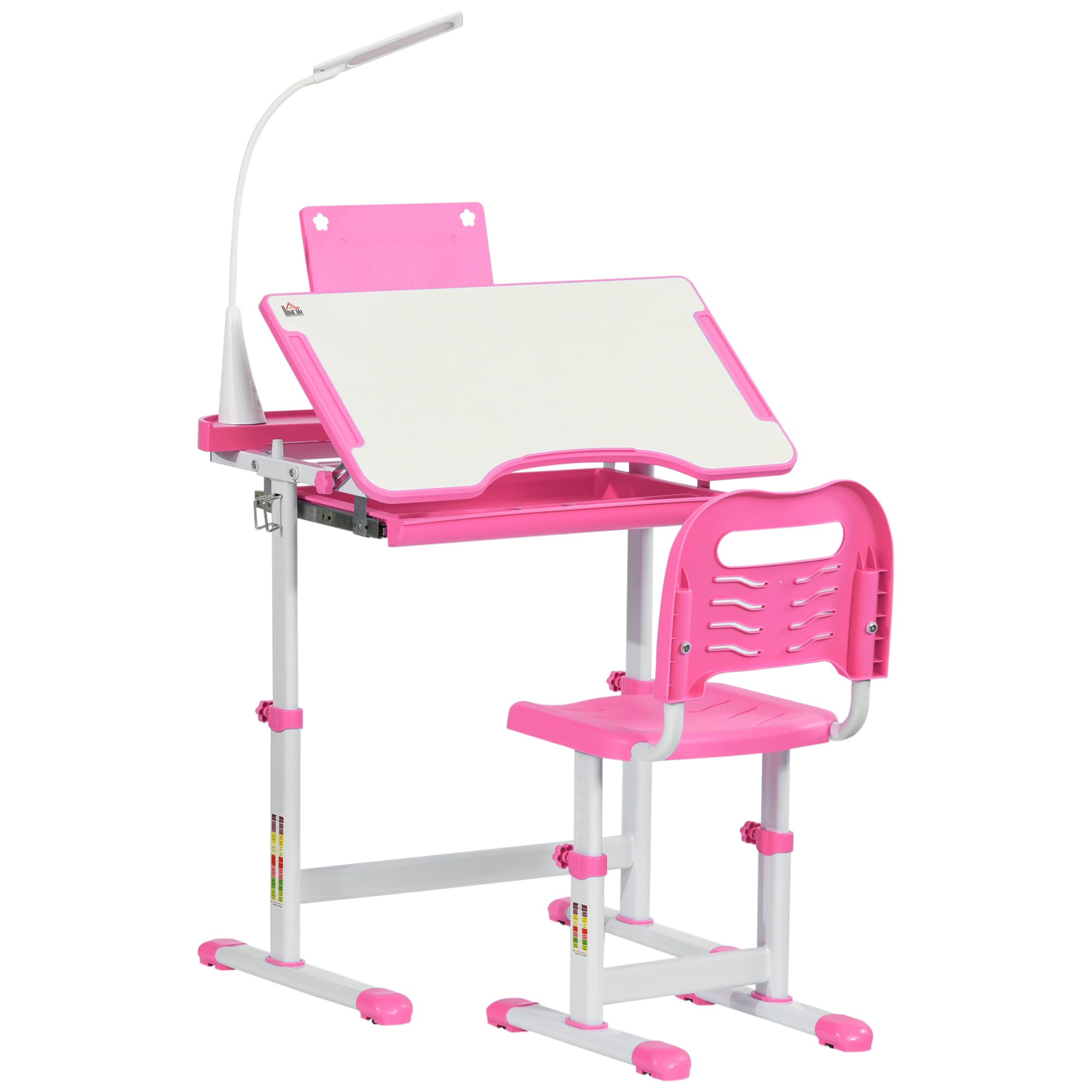 HOMCOM Bureau enfant avec chaise - ensemble bureau et chaise réglable - lampe, support de lecture, tablette coulissante multi-rangement - gris blanc