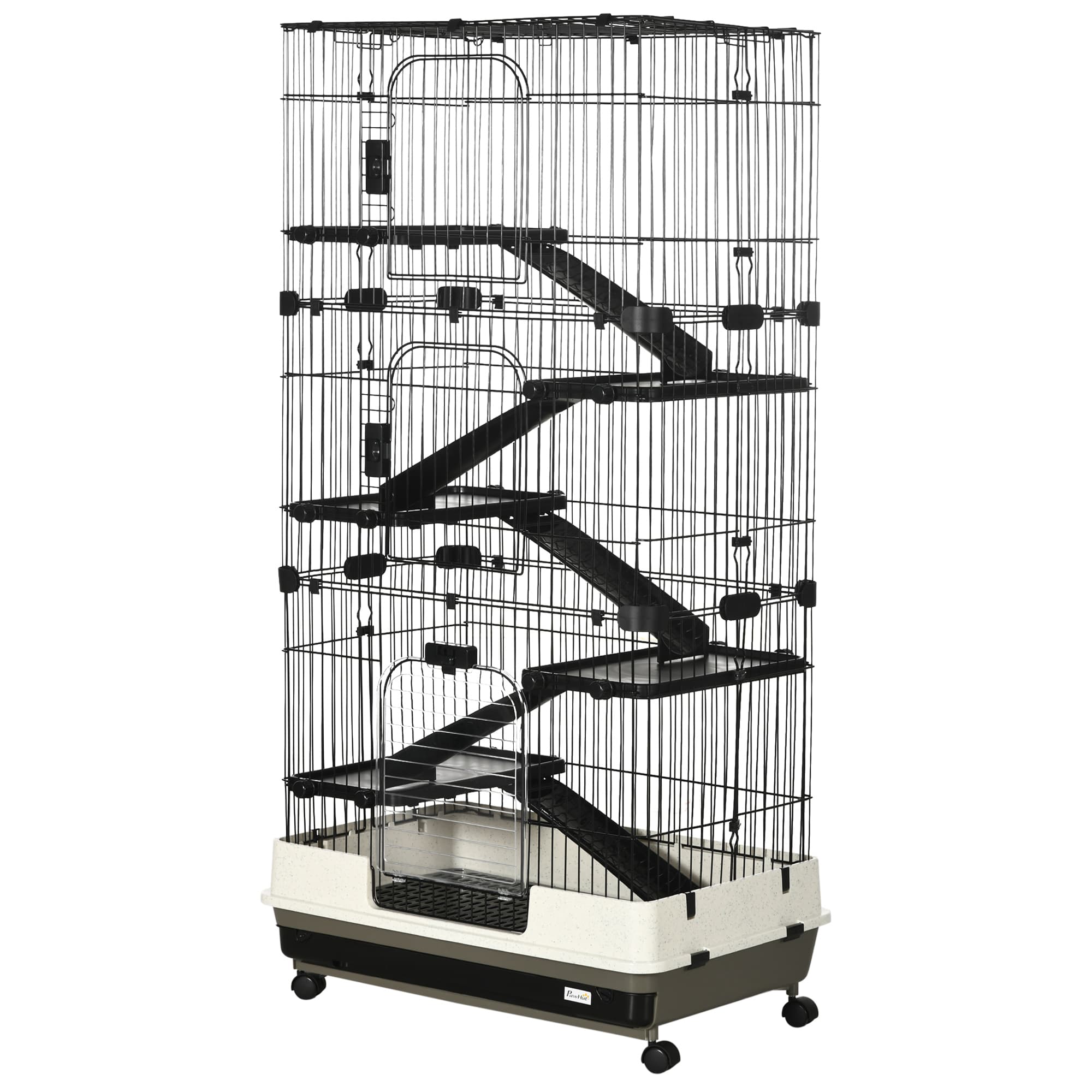 PawHut Cage pour lapin enclos à 5 niveaux avec 3 portes 5 rampes plateau amovible roulettes 81 x 52,5 x 159 cm noir et gris