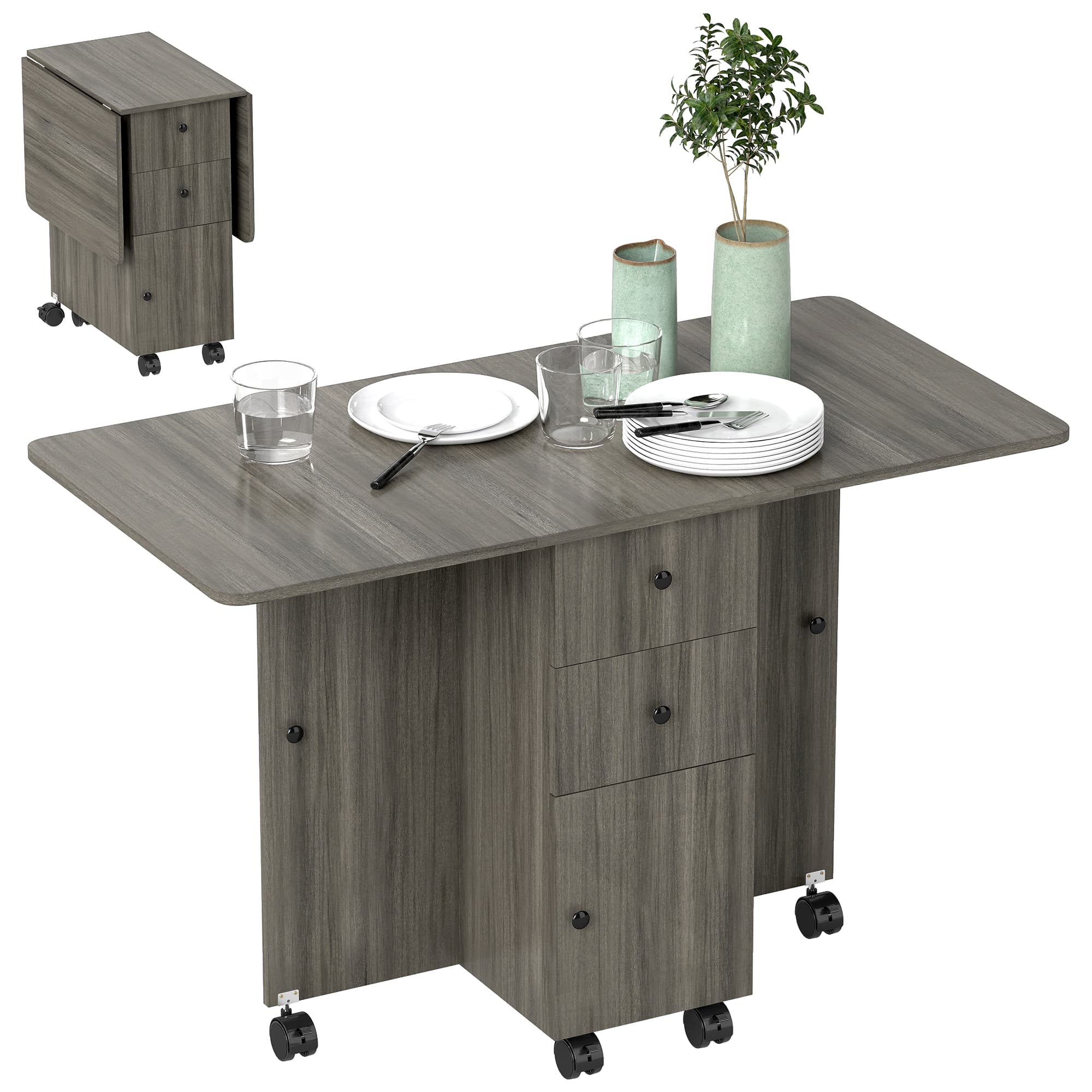 HOMCOM Table de cuisine pliable table à manger pliante 2 plateaux rabattables avec 2 tiroirs 1 placard 1 étagère de rangement