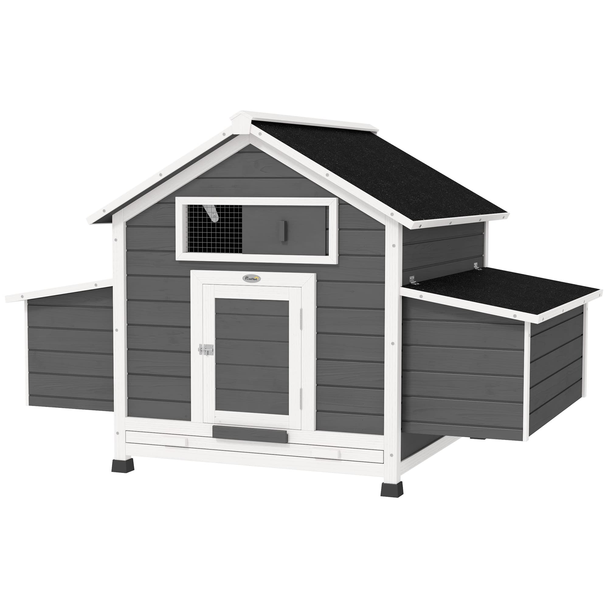 PawHut Poulailler en bois accueillant 4 poules, cage à poules avec pondoir, toit imperméable ouvrable, tiroir amovible, gris