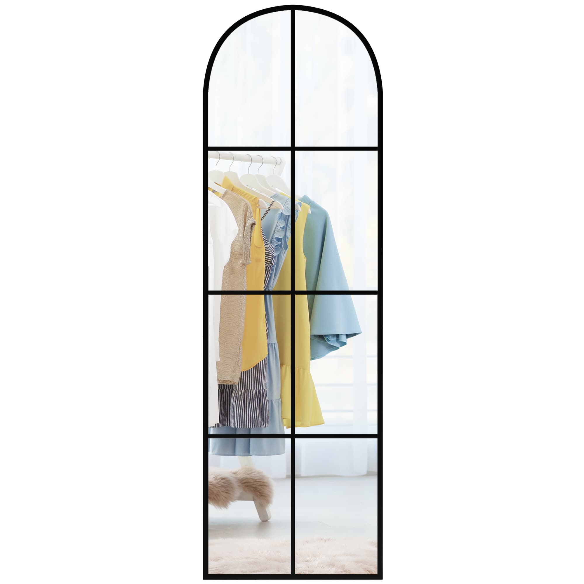 HOMCOM Grand miroir mural ou sur pied 40 x 160 cm de fenêtre arquée avec cadre en métal, film antidéflagrant, noir