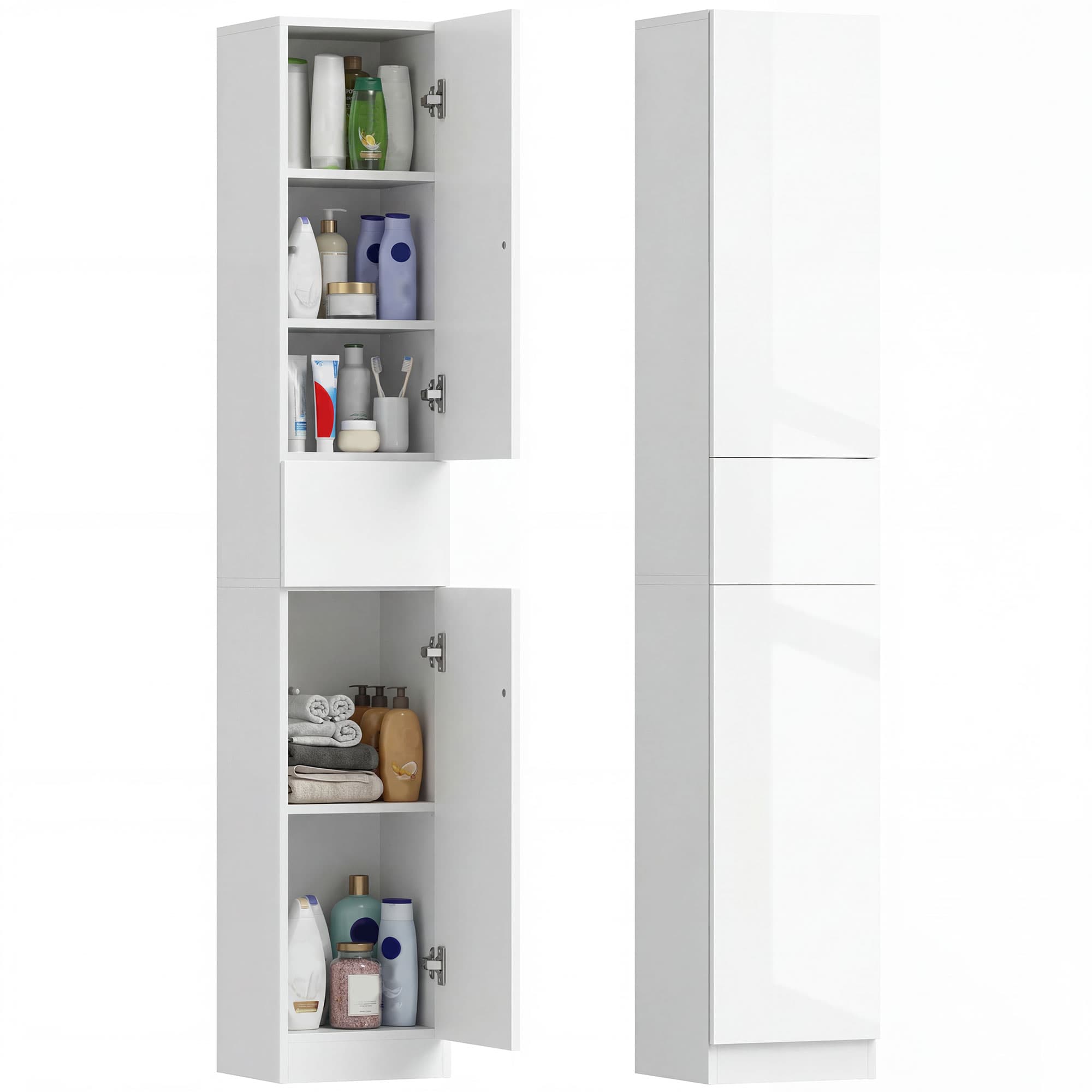 kleankin Meuble colonne rangement salle de bain style contemporain 2 placards 3 étagères et 1 tiroir coulissant panneaux particules blanc