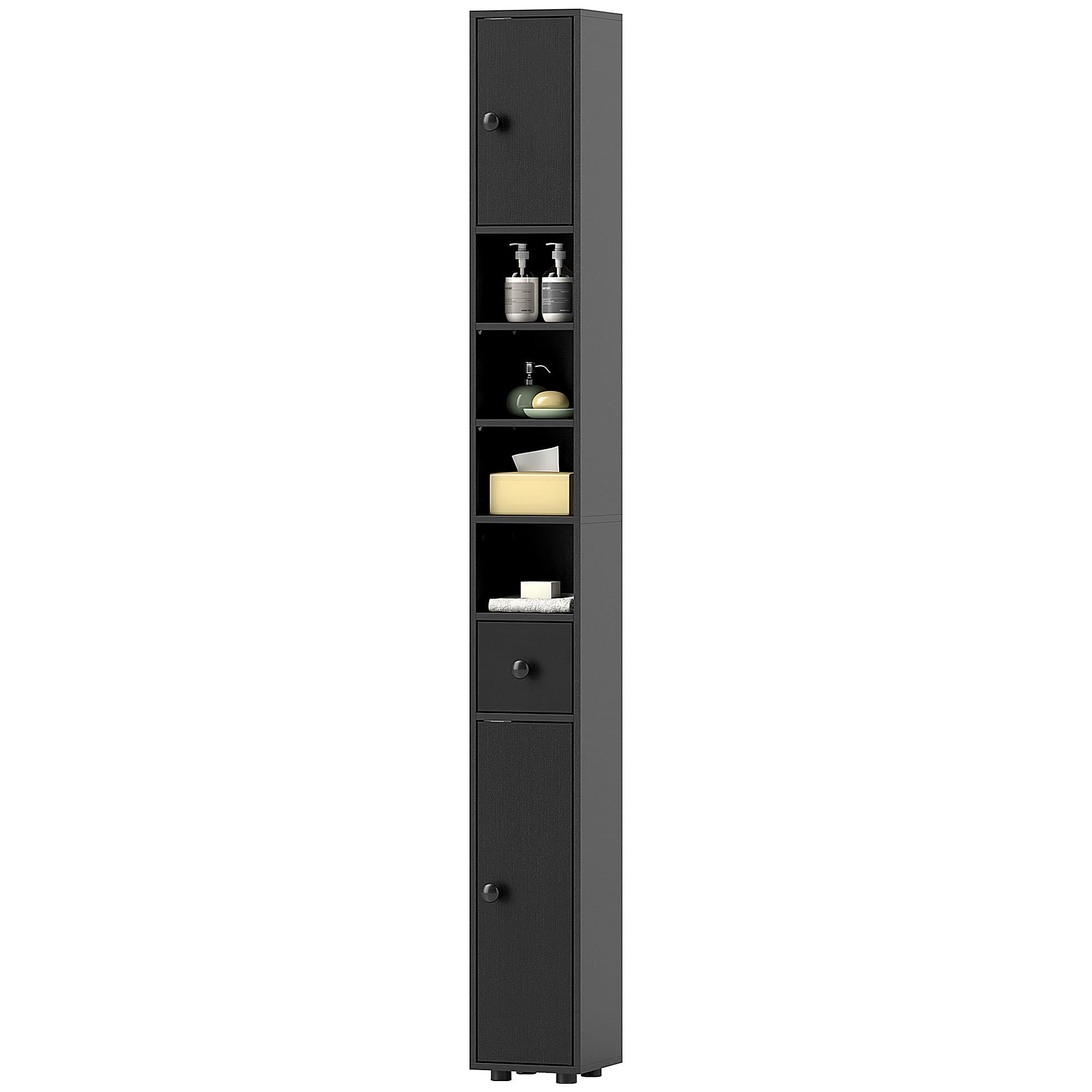 kleankin Colonne de rangement armoire haute pour salle de bain 1 tiroir 4 étagères réglables et 2 placards 20 x 20 x 180 cm noir