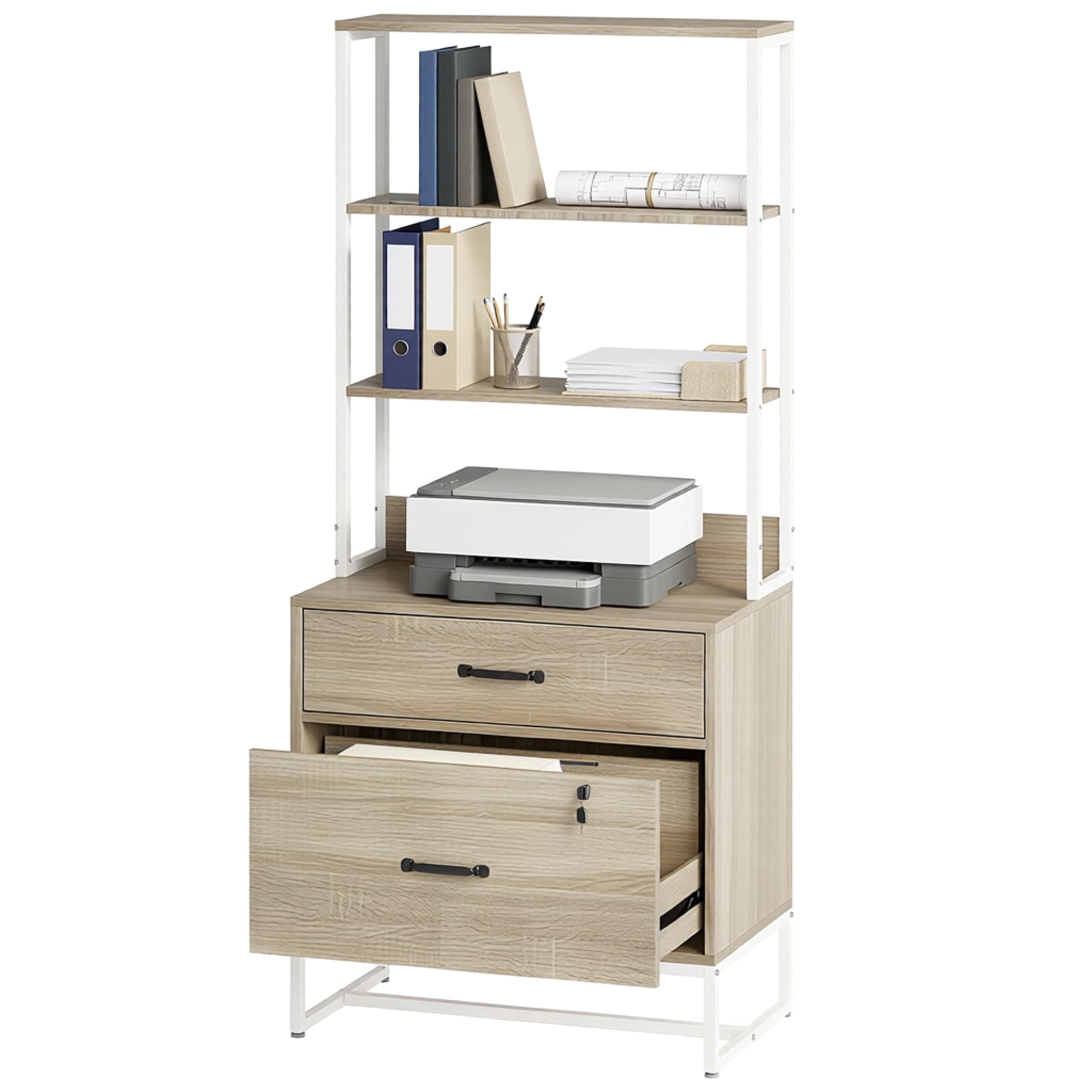 HOMCOM Meuble classeur avec étagère 2 tiroirs Plateau pour imprimante Serrure pour A4 Letter Legal Chêne