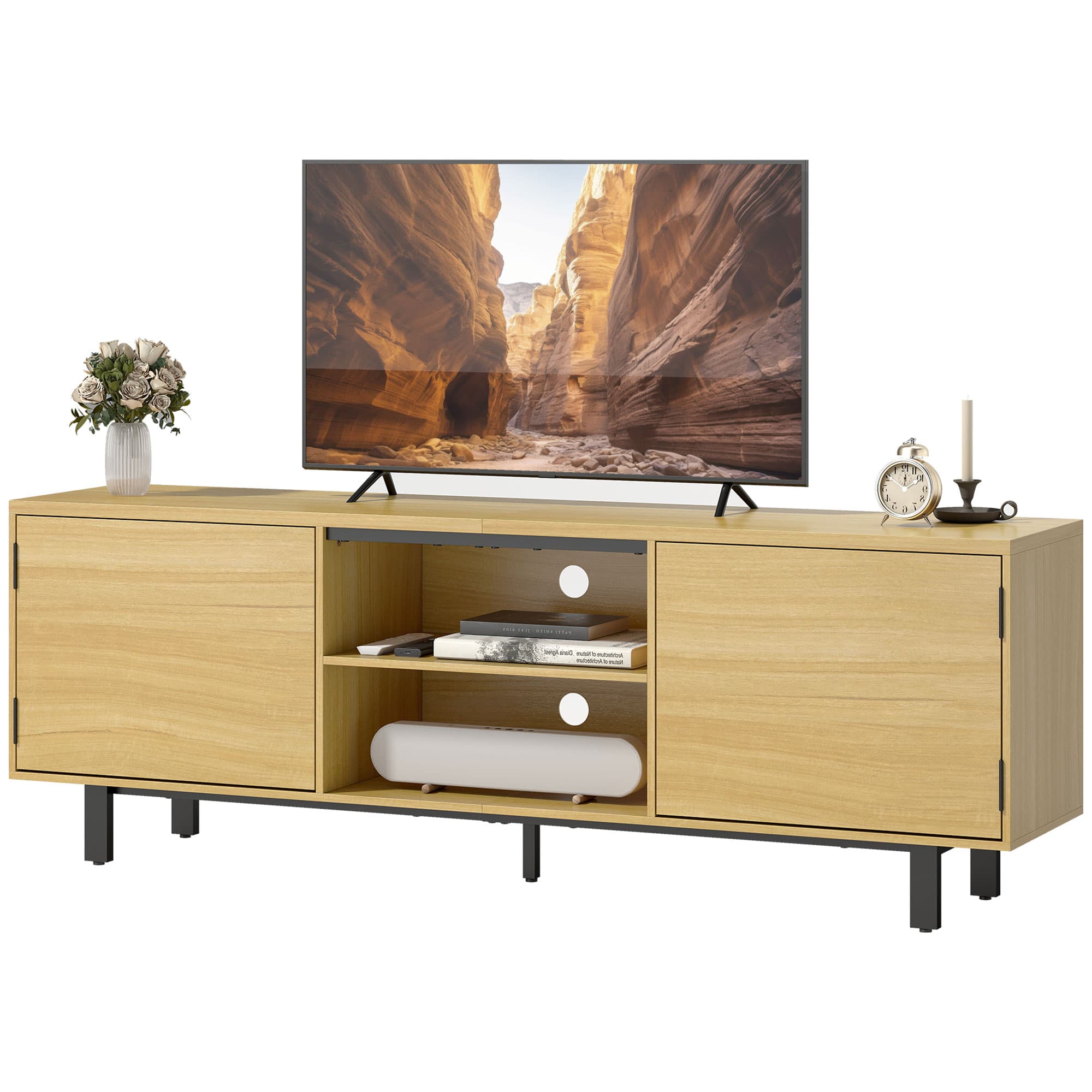 HOMCOM Meuble TV, meuble télé jusqu'à 65 pouces, 2 portes à ouverture par pression et 2 étagères, 160x35x55,5cm, bois naturel