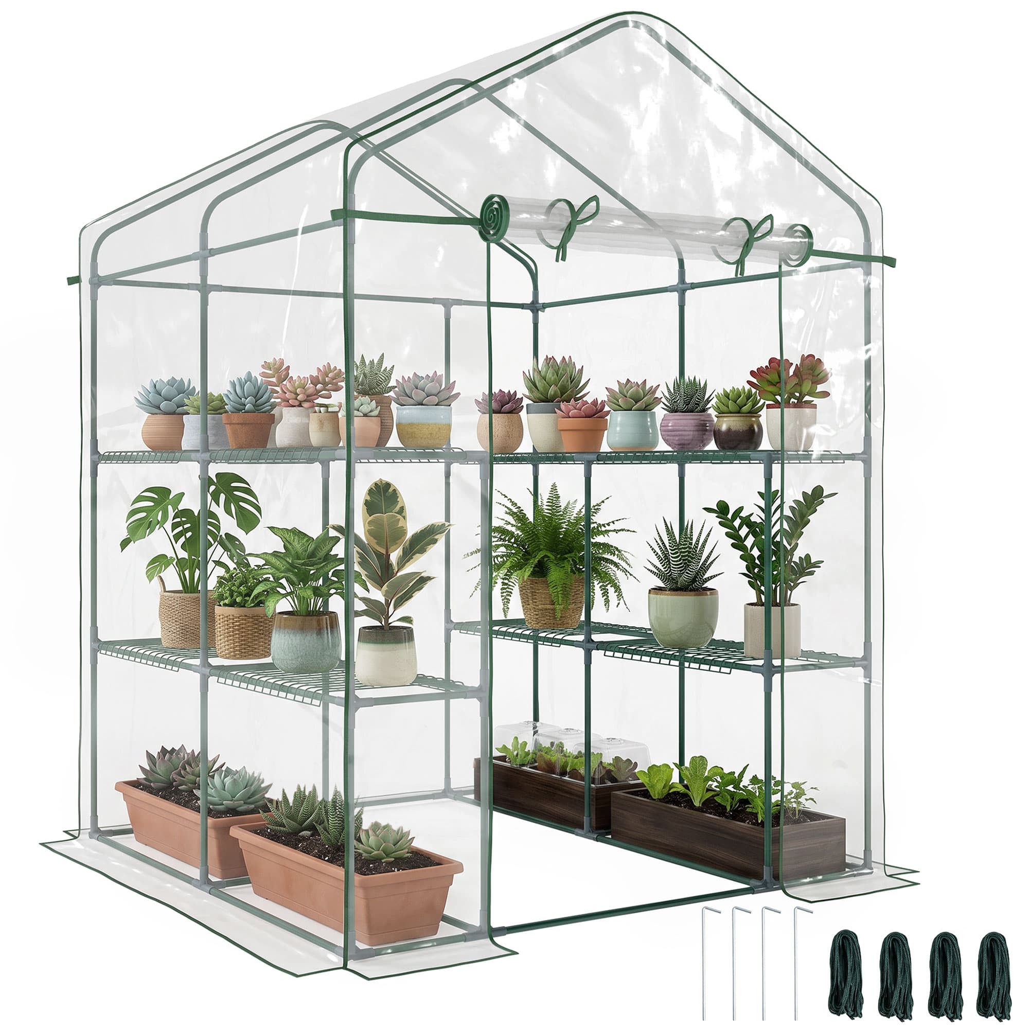 Outsunny Serre de Jardin Balcon Terrasse 4 Etagères Acier PVC Imperméable Anti-UV 1,43 x 1,43 x 1,95 m Transparent Vert aosom france