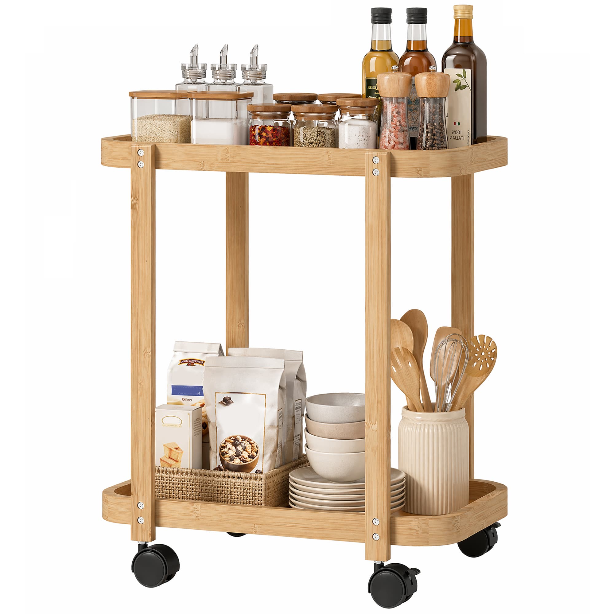 HOMCOM Desserte de cuisine en bambou 2 niveaux Desserte auxiliaire pour cuisine à roulettes 2 étagères 54x36,5x60 cm naturel