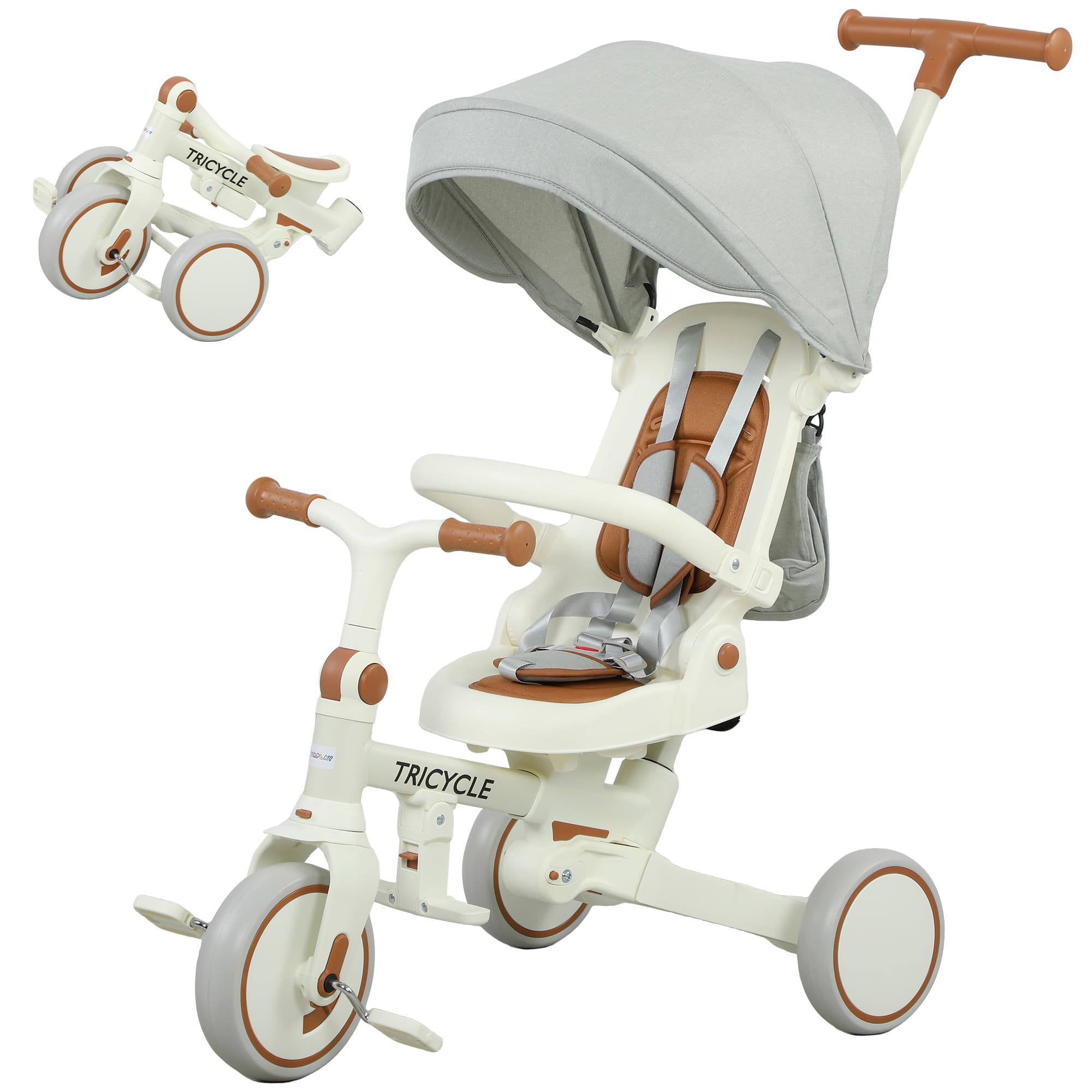 AIYAPLAY Tricycle bébé évolutif 5 en 1, tricycle enfant pliable avec poignée réglable, capote amovible, pour 1-3 ans, crème