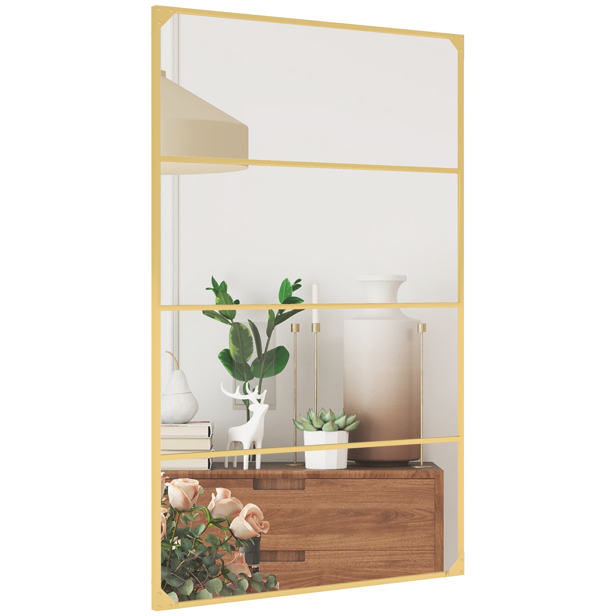 HOMCOM Miroir mural verrière rectangulaire style industriel, horizontal ou vertical avec 4 crochets, en métal doré 109 x 69 cm