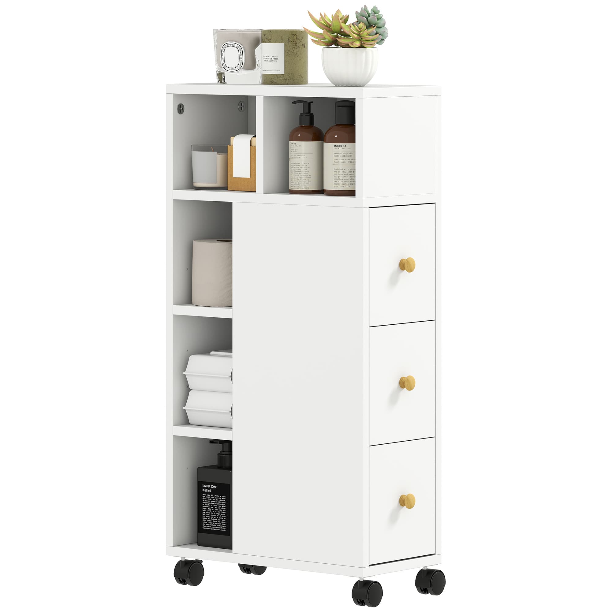 HOMCOM Meuble de salle de bain à roulettes, meuble de rangement étroit, 3 tiroirs, 5 compartiments ouverts, 20x40x80cm, blanc