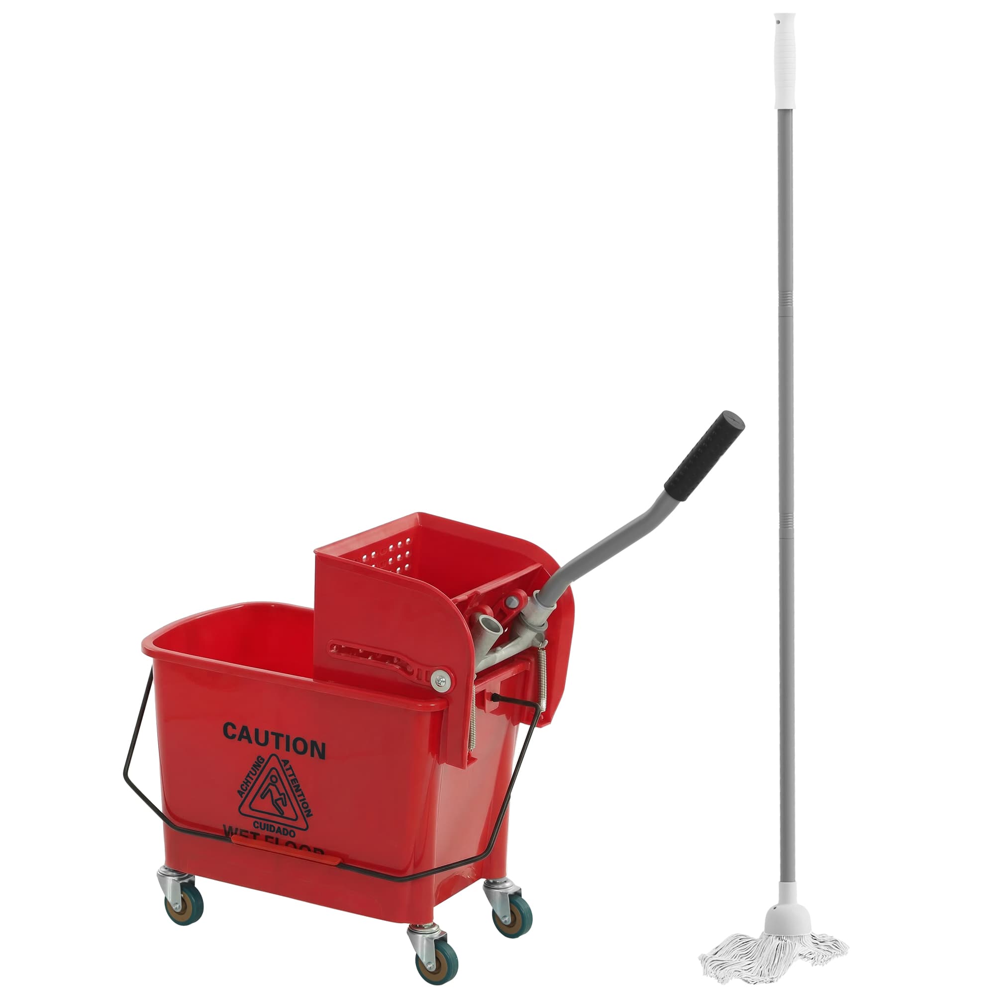 HOMCOM Chariot de ménage chariot de lavage essoreuse latérale seau 20 L, poignée et serpillère, 45 x 26,5 x 70 cm, rouge
