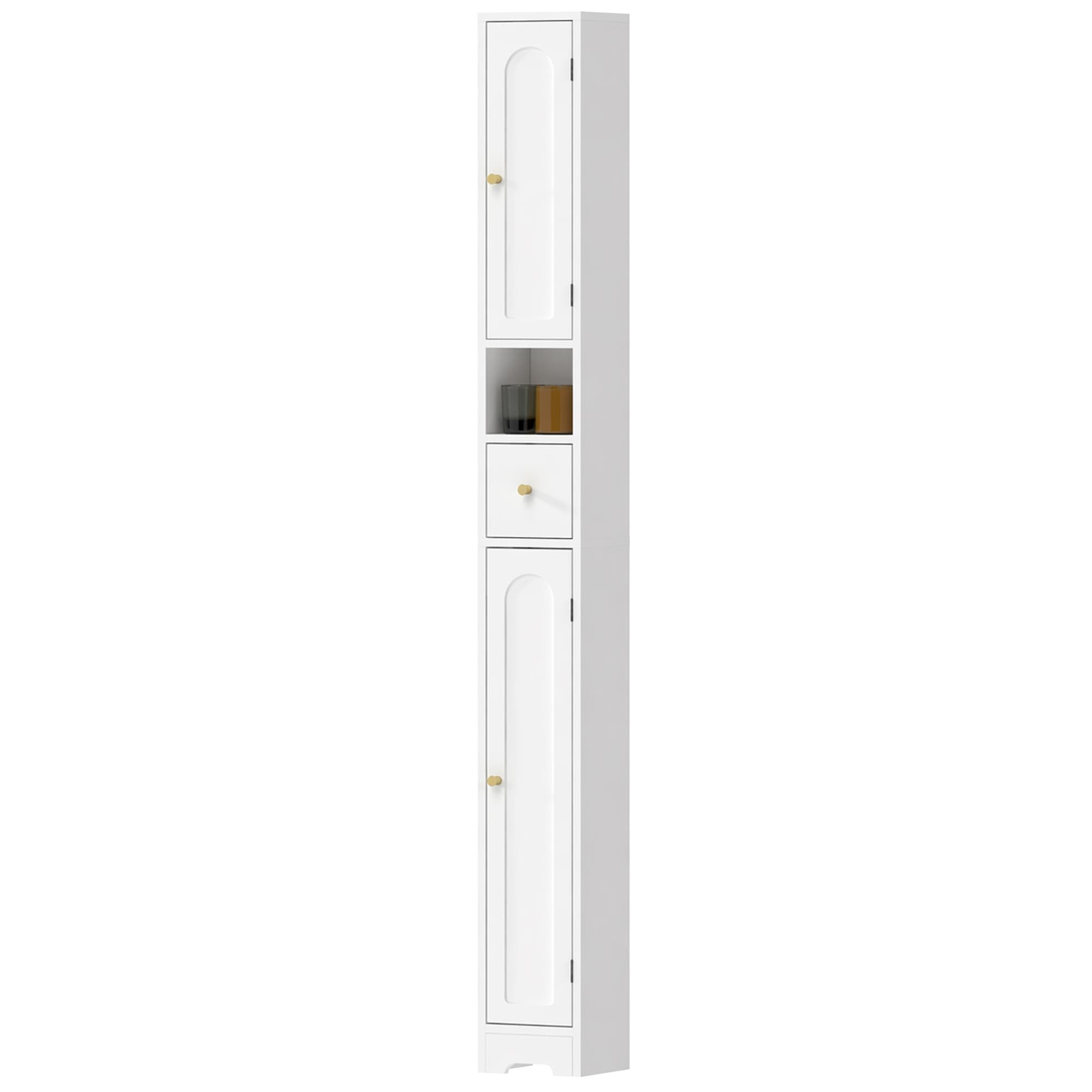 HOMCOM Armoire de salle de bain étroite avec tiroir portes bombées niche ouverte étagères réglables 20x20x185 cm Blanc