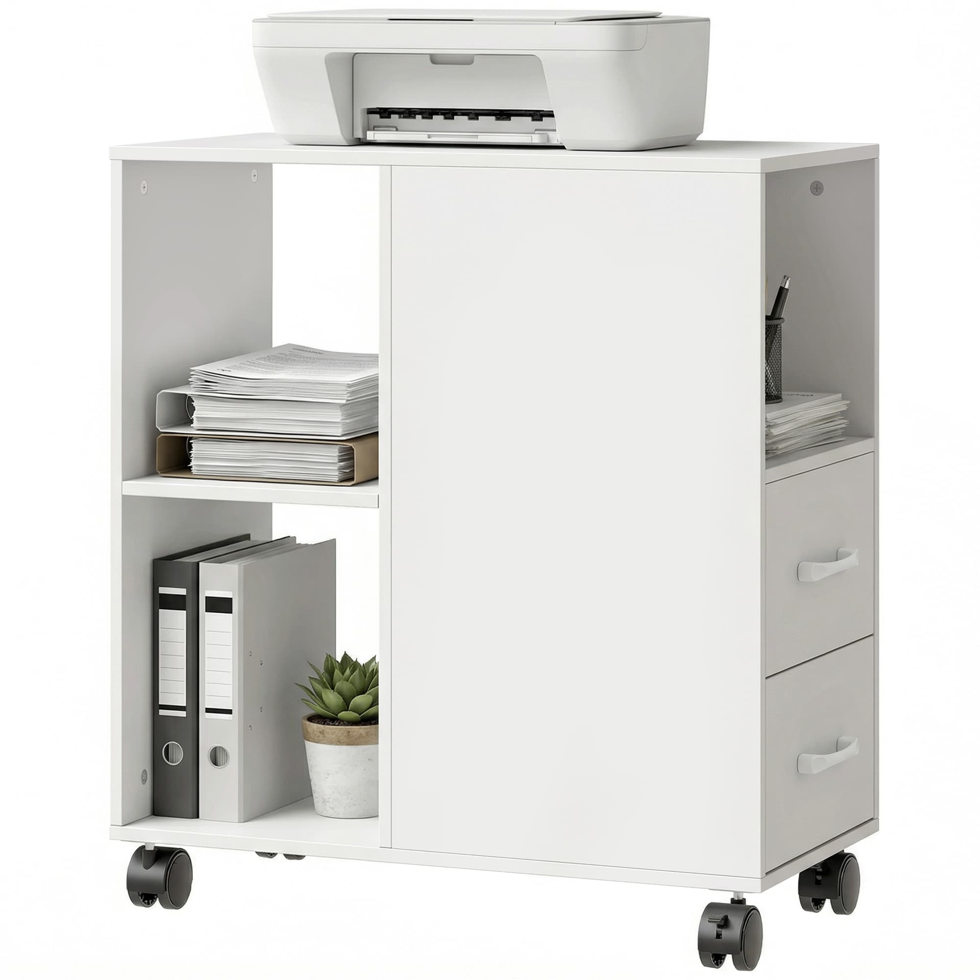 HOMCOM Table d'appoint avec roulettes, bout de canapé, tiroirs, étagère réglable et compartiment ouvert, 60x30x65cm, blanc