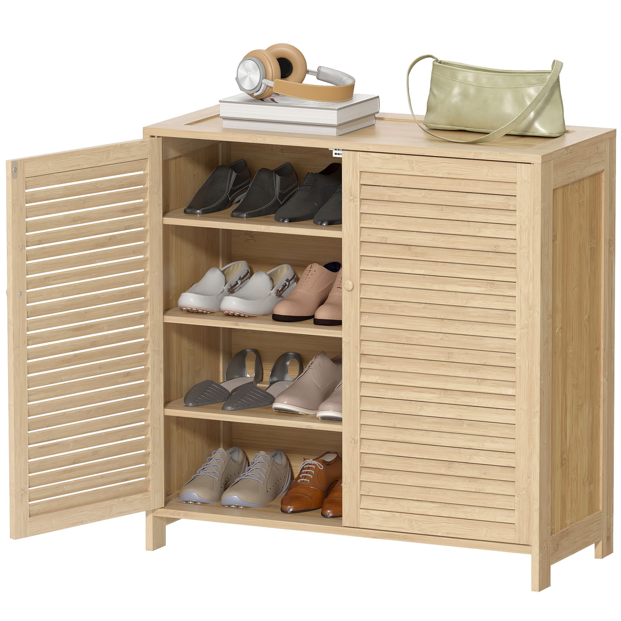 HOMCOM Meuble à chaussures en bambou 14 paires, armoire à chaussures avec portes persiennes et étagères réglables, bois naturel