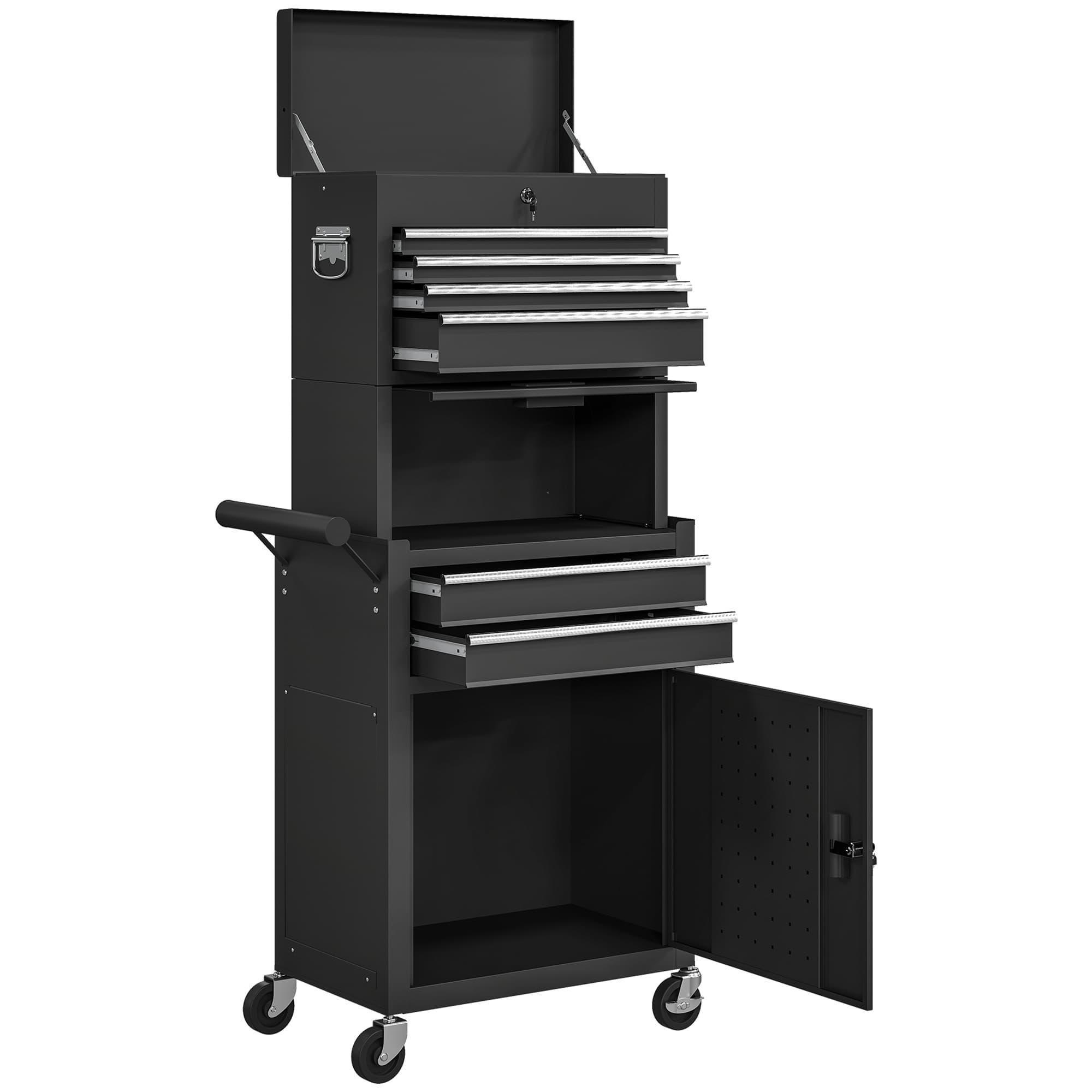HOMCOM Servante d'atelier en acier verrouillable, chariot à outils sur roulettes 3 en 1 avec 6 tiroirs et panneau perforé, noir
