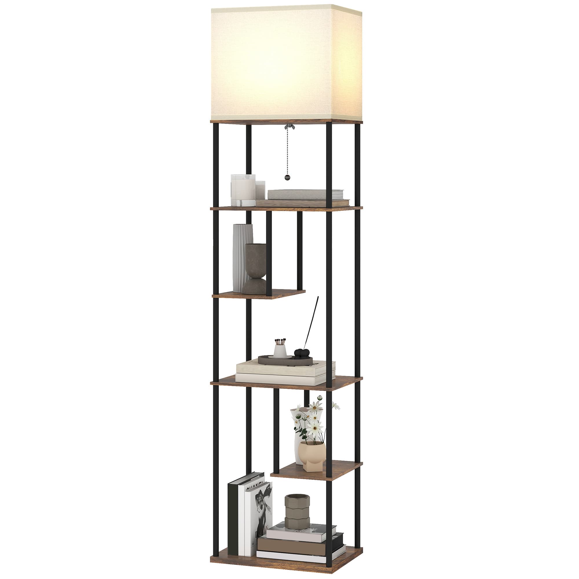 HOMCOM Lampadaire avec étagères, lampadaire sur pied de salon dimmable, télécommande, 40 x 29 x 171 cm, brun rustique