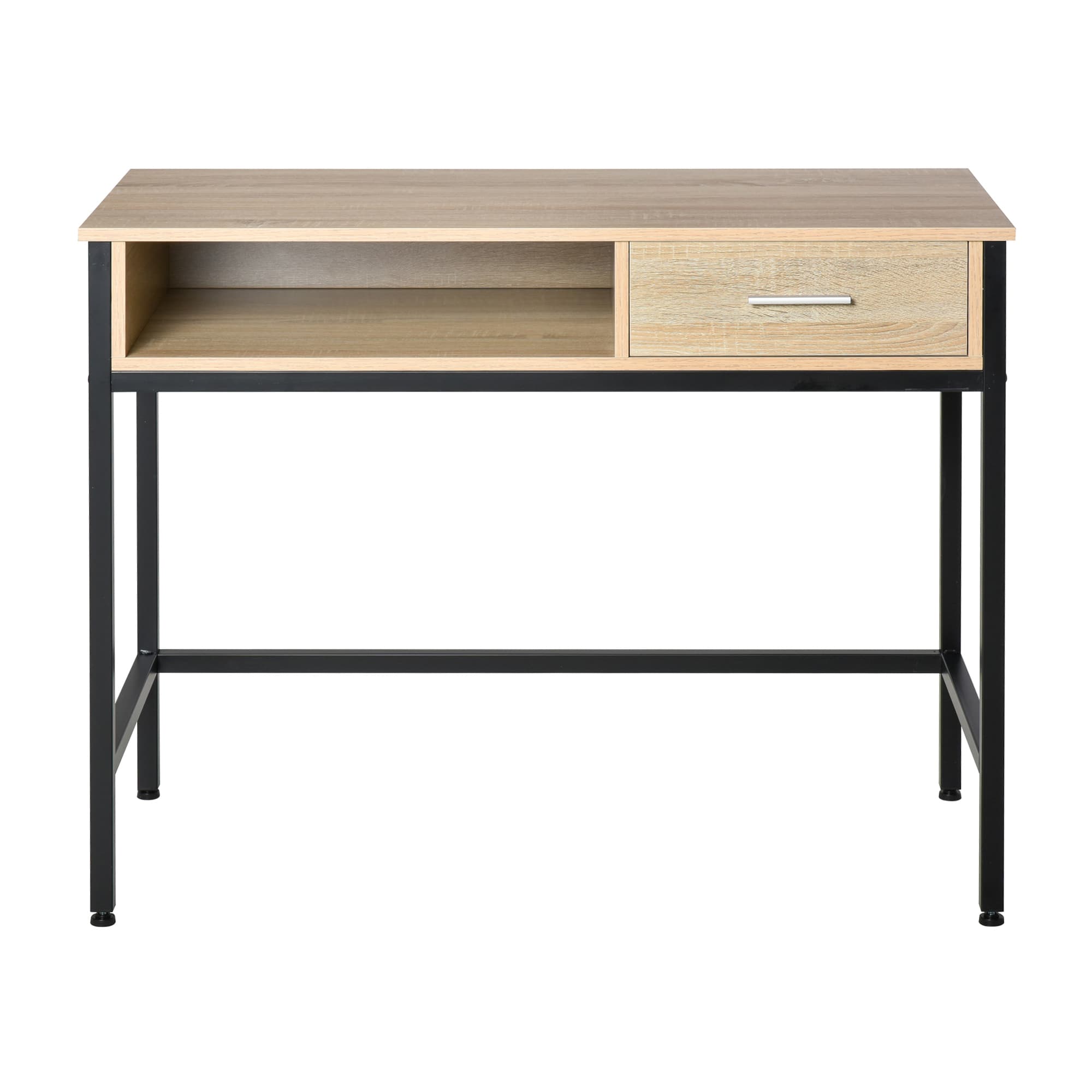 HOMCOM Bureau secrétaire bureau informatique design industriel casier + tiroir coulissant châssis métal noir plateau chêne clair Aosom France