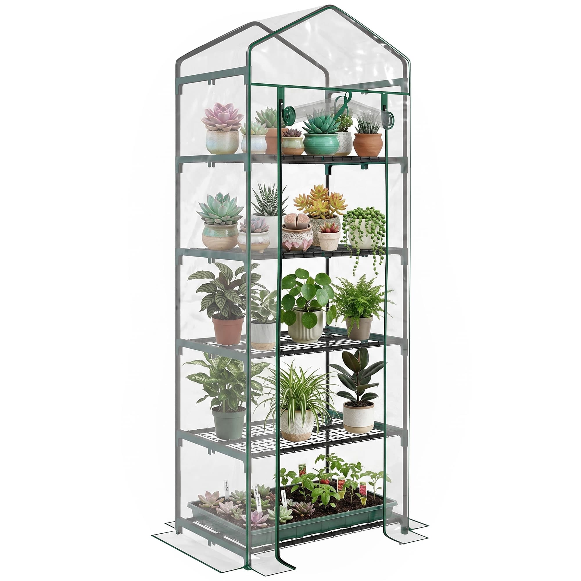 Outsunny Serre de jardin balcon avec étagère à fkeurs 5 niveaux 69L x 49l x 193H cm acier époxy bâche PVC porte enroulable zippée transparent et vert