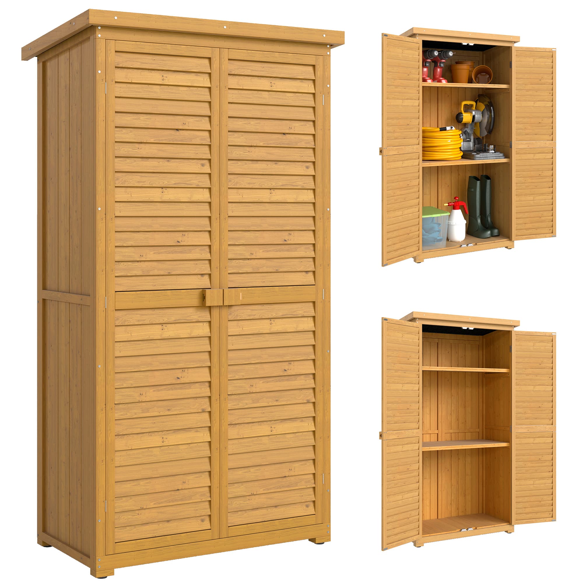 Outsunny Chalet de Jardin en Bois extérieure Cabanon de jardin, 2 étagères, Toit Pitumé, Portes Persiennes 87x46,5x160 cm Naturel Aosom France